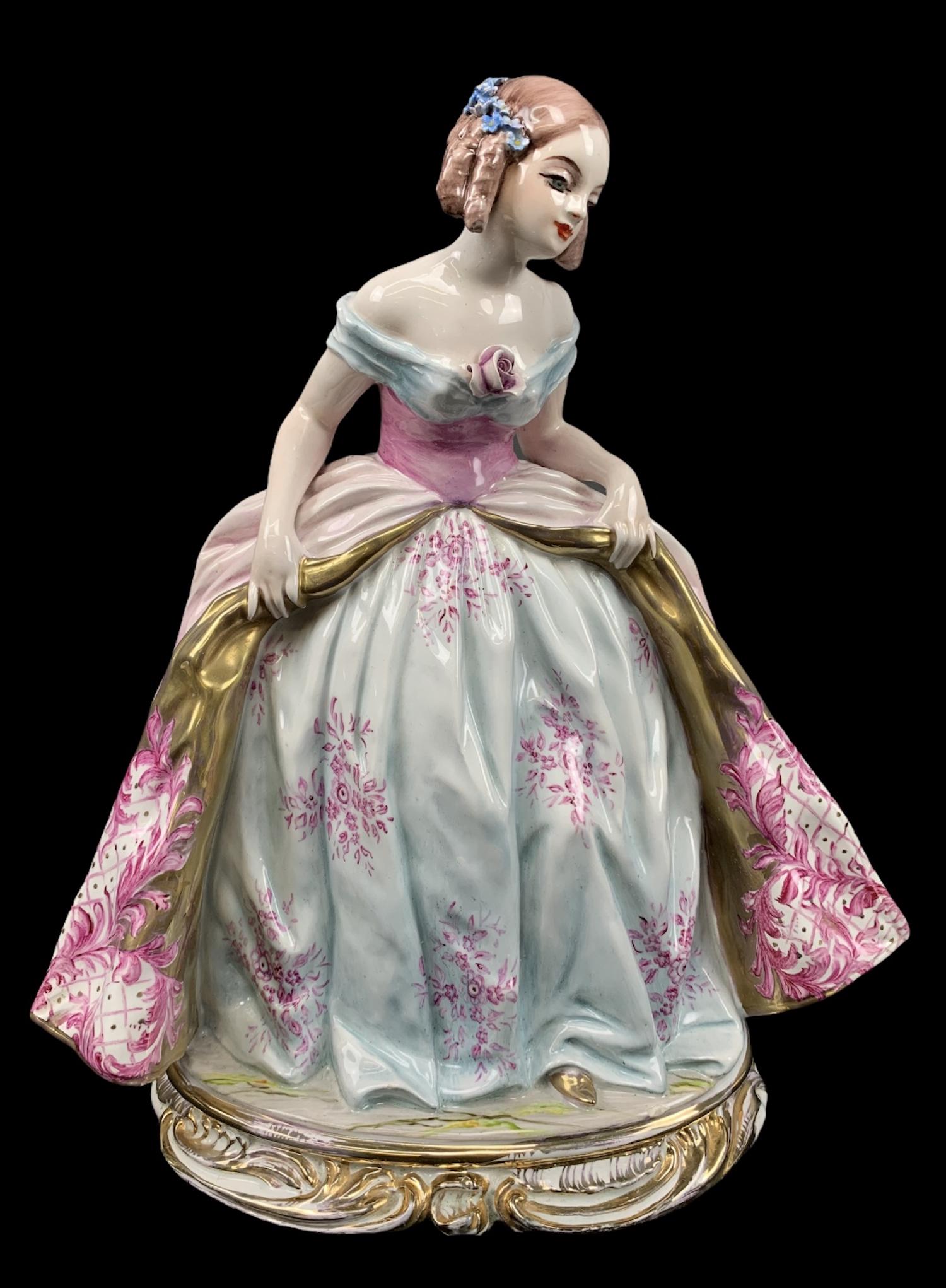 1950s Guido Cacciapuoti Italy Lady Figurine: 1950s Guido Cacciapuoti Italy Lady Figurine. Tiny Flea Bite On The Back Bottom That Was Touched Up. Measuring 11 Inches Tall By 9 Inches Wide.