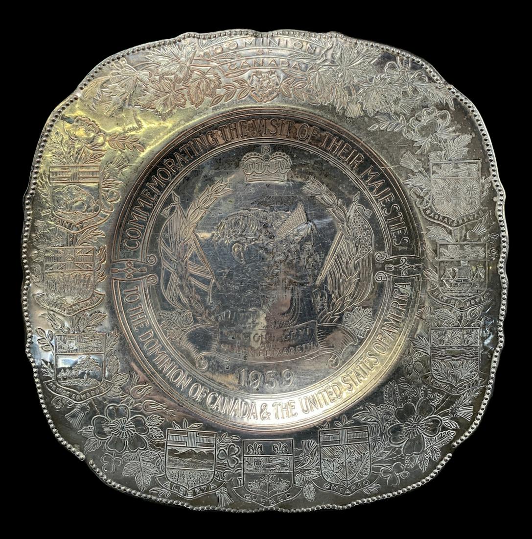 1939 Viking Plate Commemorative Monarchy Plate: 1939 Silver Viking Plate Commemorative Monarchy Visit Plate, Queen Elizabeth And King George. 9 X 9 Inches.