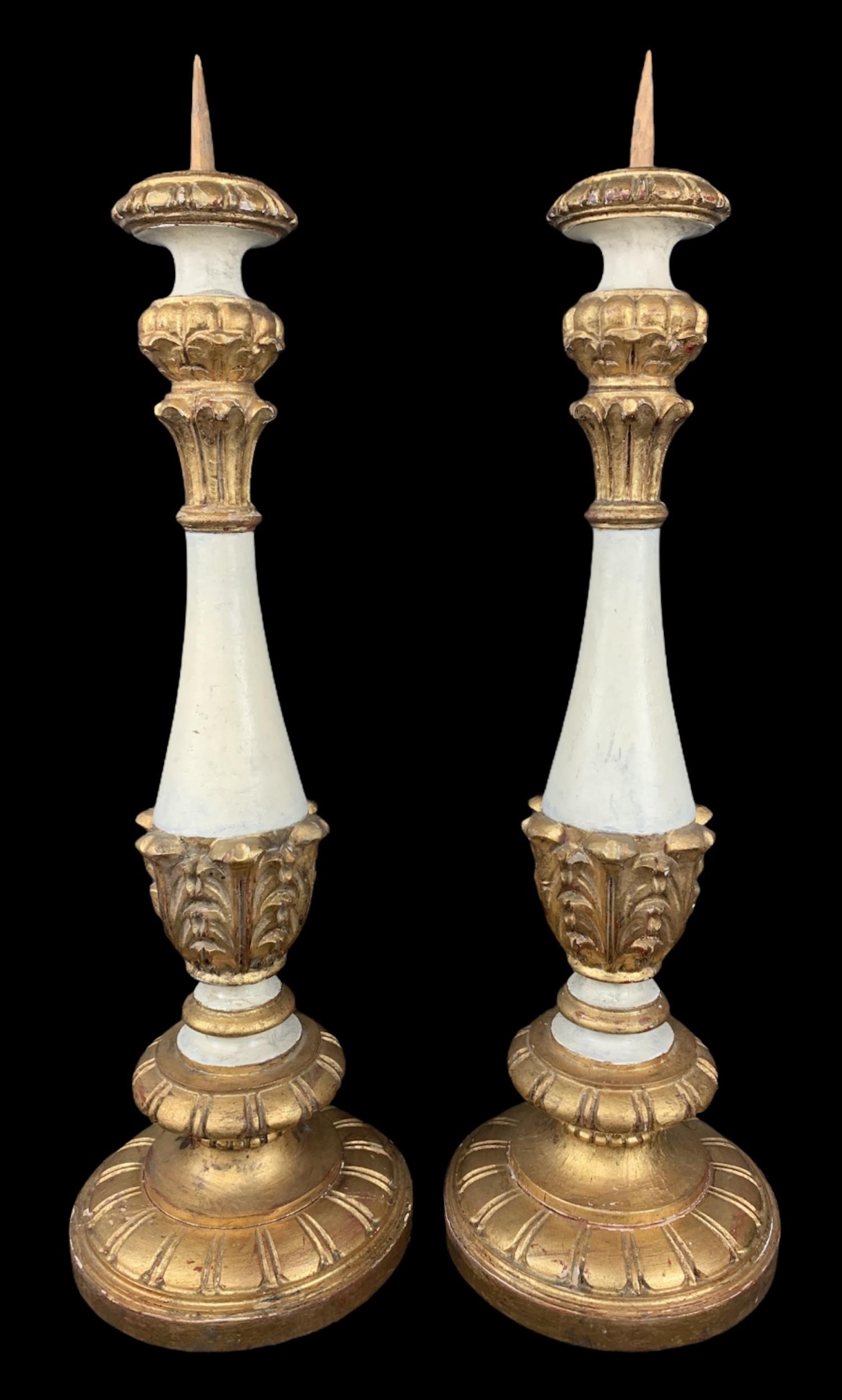 Pair Of Carved Wood Painted Pricket Candlesticks (1 of 5)