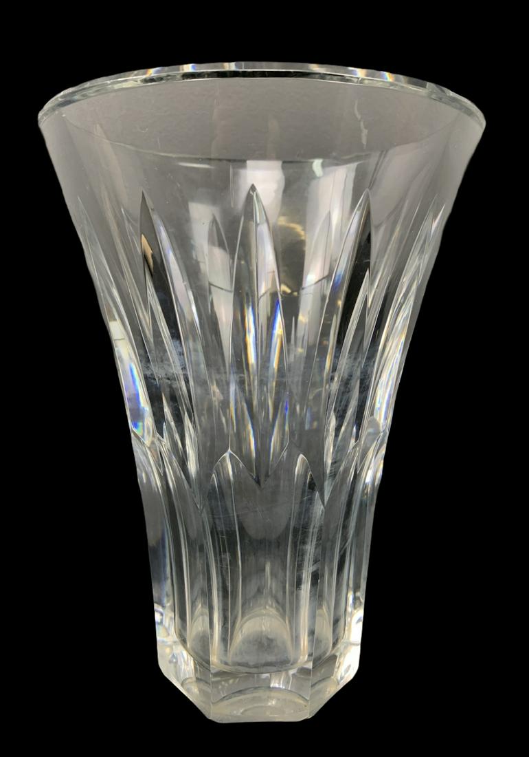 Baccarat Crystal Flared Vase: Baccarat Flared Crystal Vase, Some Fleabites. Calcium Buildup Inside. Etched Mark On Base. 8 X 6 Inches.