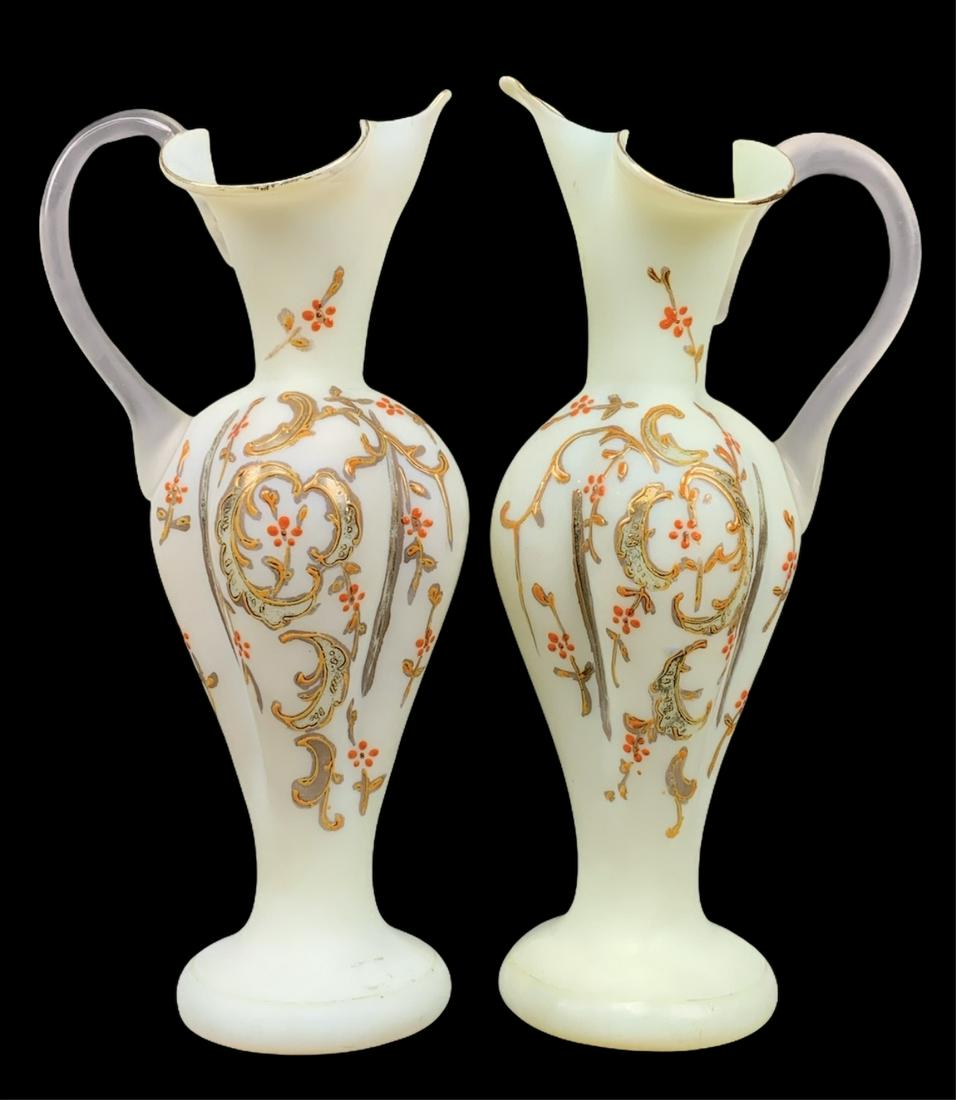 Pair Satin Glass Hand Painted Pitchers Pale Green (1 of 4)