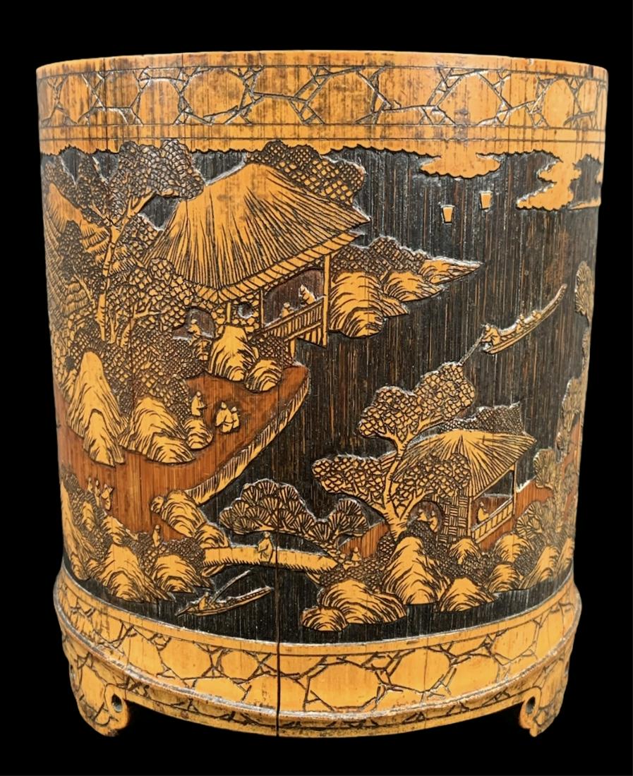 Chinese Bamboo Brushpot, Carved Landscape (1 of 9)