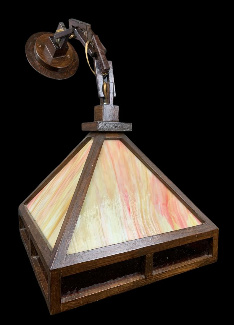 Arts And Crafts Style Wood Slag Glass Fixture: Arts And Crafts Style Wood Slag Glass Hanging Fixture. 30 H X 14 W Inches.