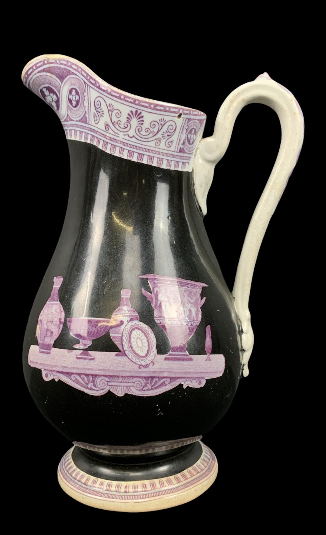 19th C Transfer Ware Pitcher Purple Black Etruscan (1 of 5)