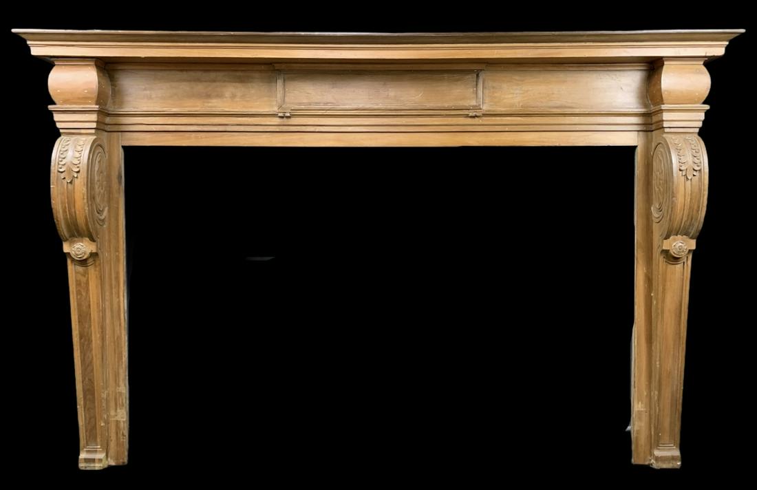 19th C Classical Carved Pine Wood Fireplace Mantel (1 of 4)