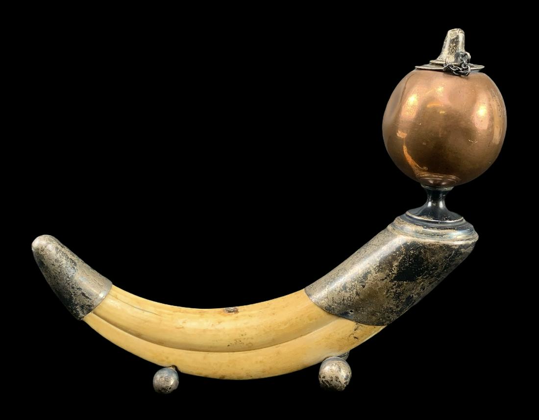 Antique Brandy Warmer Presentation Trophy: 1904 Ardsley Club Presentation Golf Trophy, Oil Lamp, Brandy Warmer. Boar's Tusk With Silver Mounts And Ball Feet. Hallmarked I N Sterling, Copper Reservoir. 7.5 X 6 Inches.