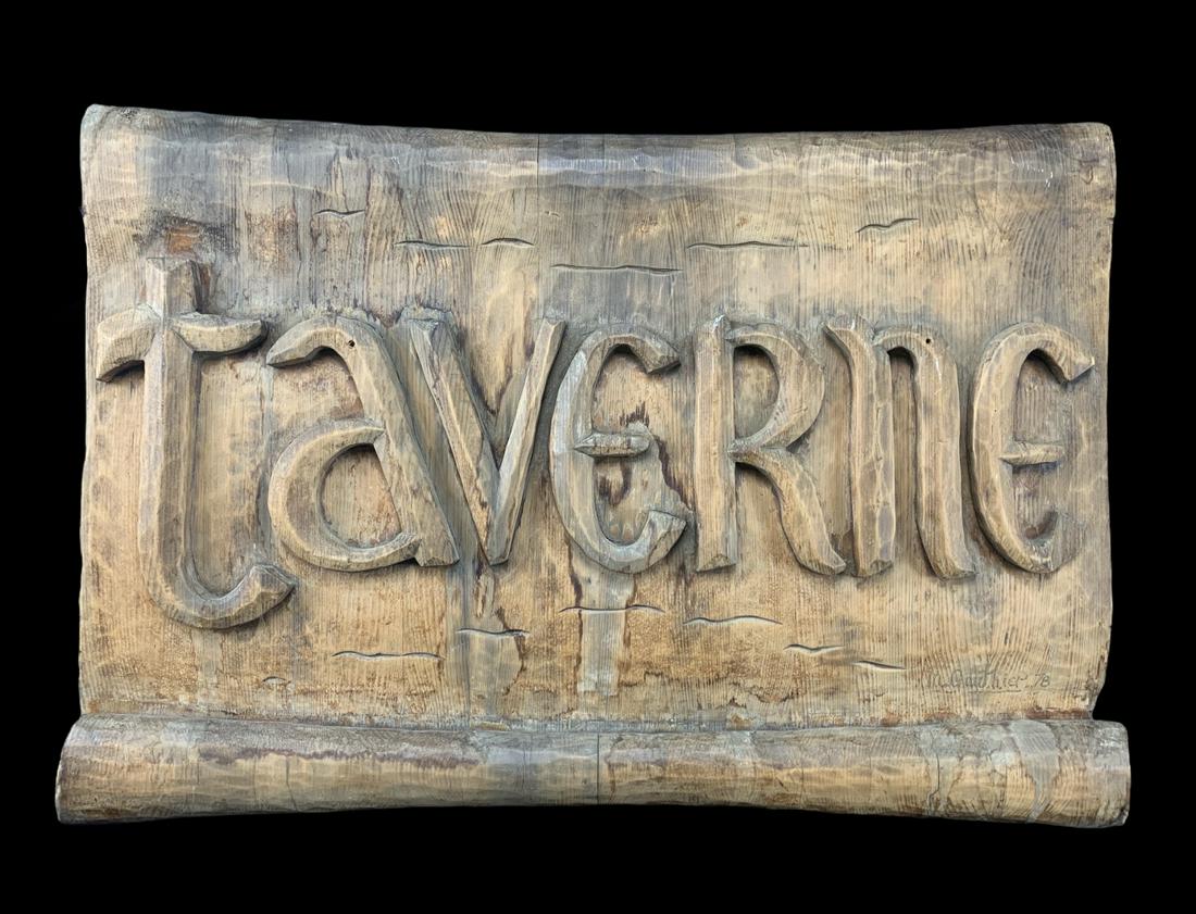 Folk Art Montreal Historic Joe Beef Tavern Sign: Vintage Quebec Folk Art Original Location Carved Montreal Historic Joe Beef Taverne Sign, Double Sided From De La Commune Street. Signed M. Gauthier 78. Measures 28 X 20 Inches. Some Loss To Scroll Ed