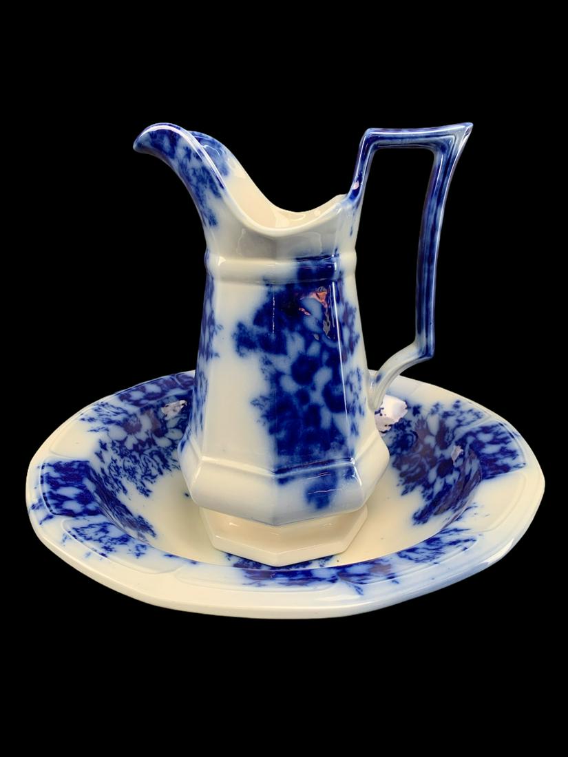 Antique English Flow Blue Pitcher And Basin Set (1 of 5)