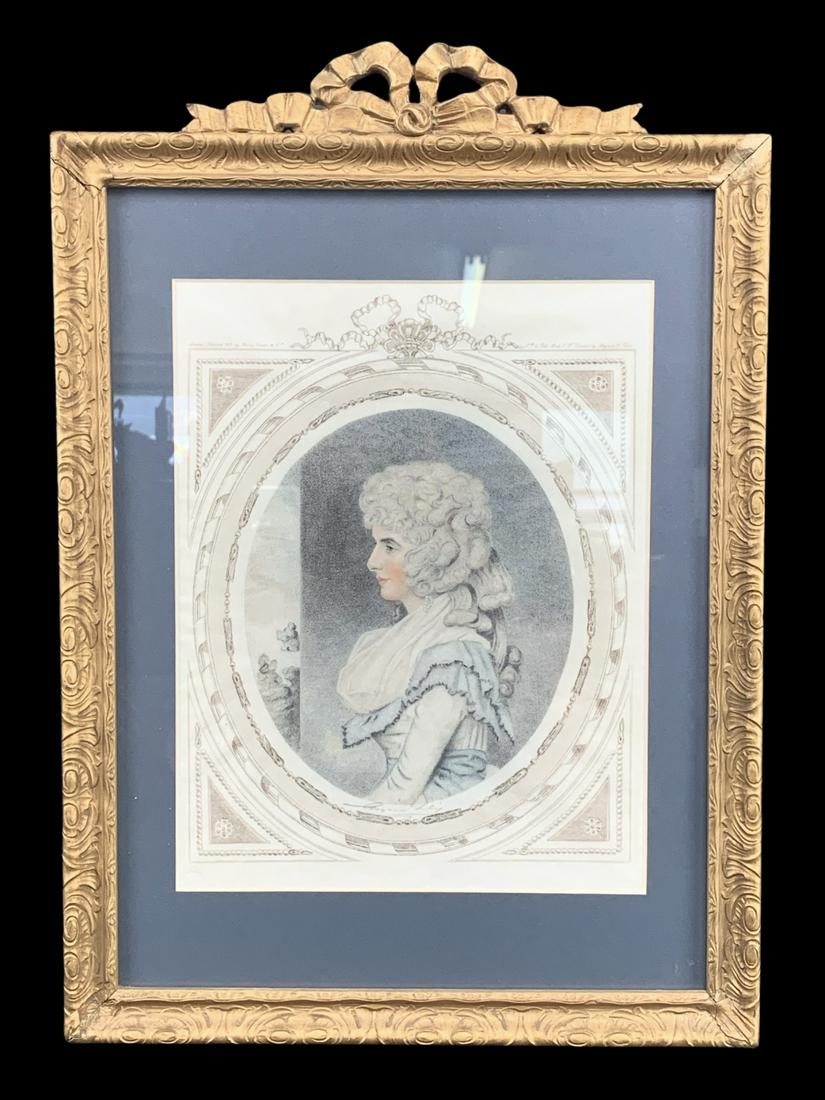 Edwardian Henry Graves Co Coloured Print, Portrait: 1906 Edwardian Henry Graves & Co Ltd Coloured Print, Portrait Of A Lady. Printed By Moglia Paris. Frame Measures 19 X 13.5 Inches. Some Loss To Frame. Signed Under Portrait.