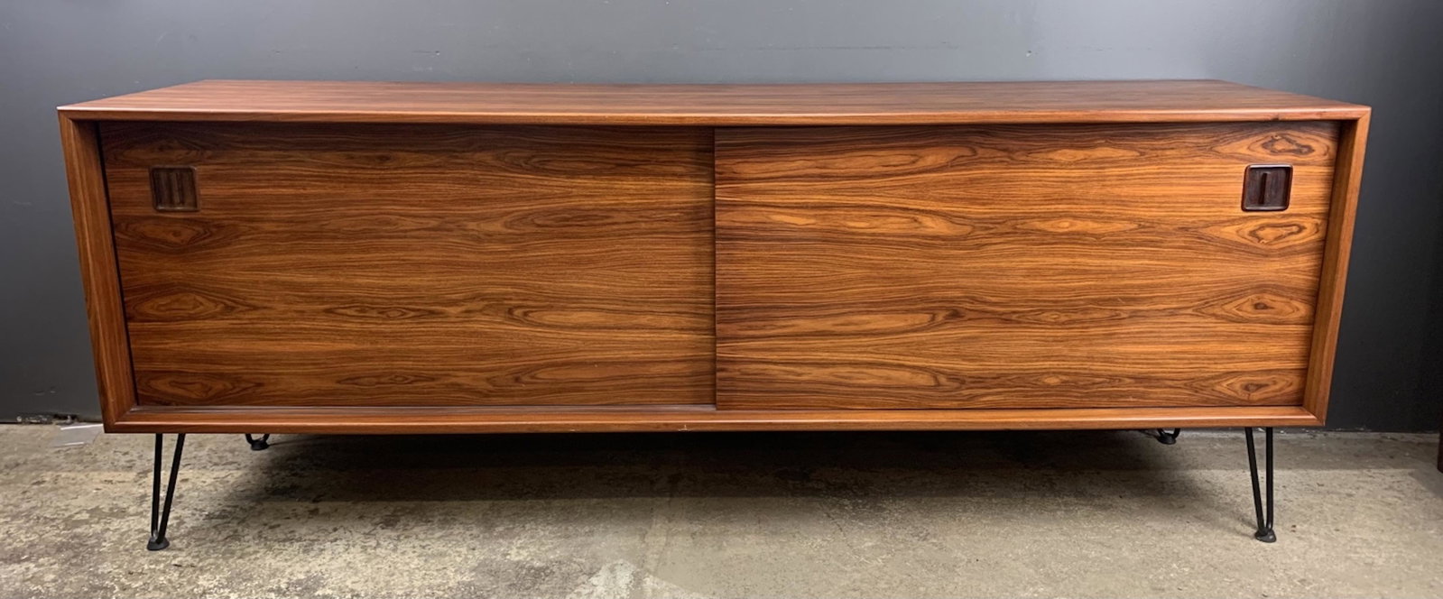 Mid Century Modern Rosewood Sideboard Credenza: Mid Century Modern Rosewood Sideboard Credenza, Replaced Hairpin Legs. 72 L X 19 D X 27 H Inches.