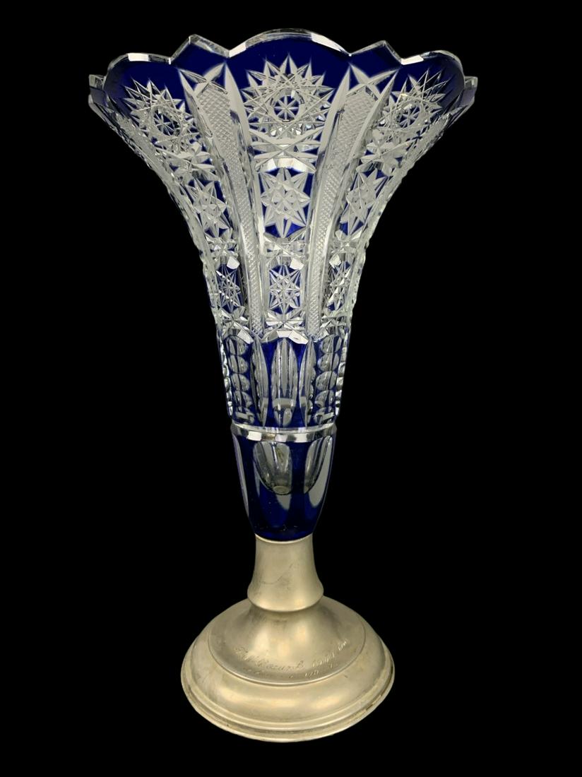 Cobalt Cut Crystal Footed Vase Inscribed Base (1 of 4)