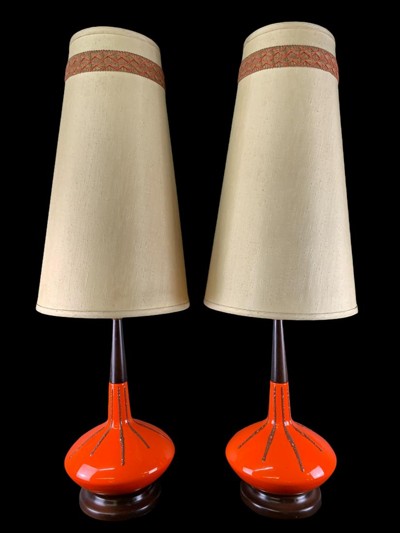 Pair Of Mid Century Orange Ceramic Table Lamps (1 of 7)
