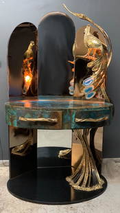 Unique Isabelle And Richard Faure Peacock Vanity: Unique Isabelle And Richard Faure Peacock Vanity. Laminated In Oxidized Brass. Peacock Is Brass With Inlaid Agate. Built In Light. 69"h X 39"w