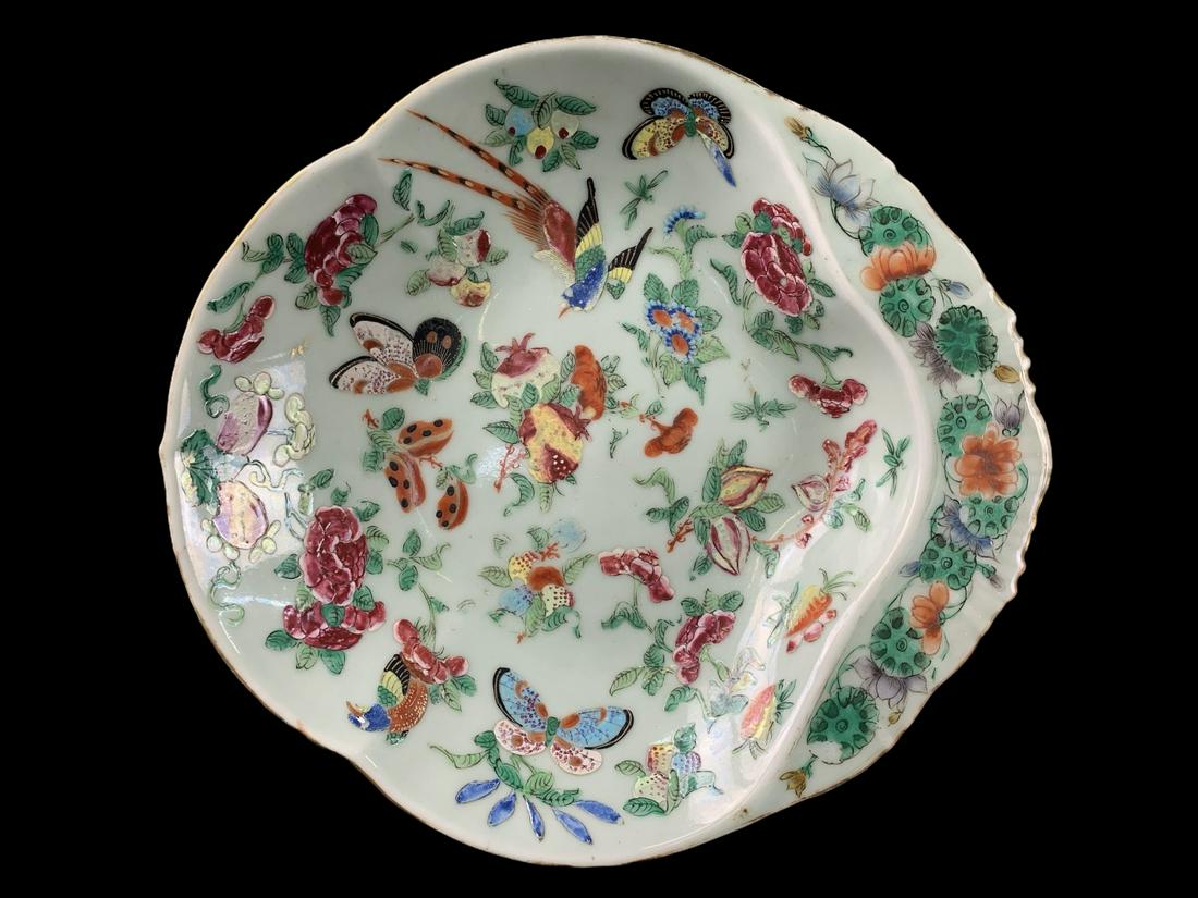 Chinese Painted Celadon Shrimp Plate, Butterflies (1 of 5)