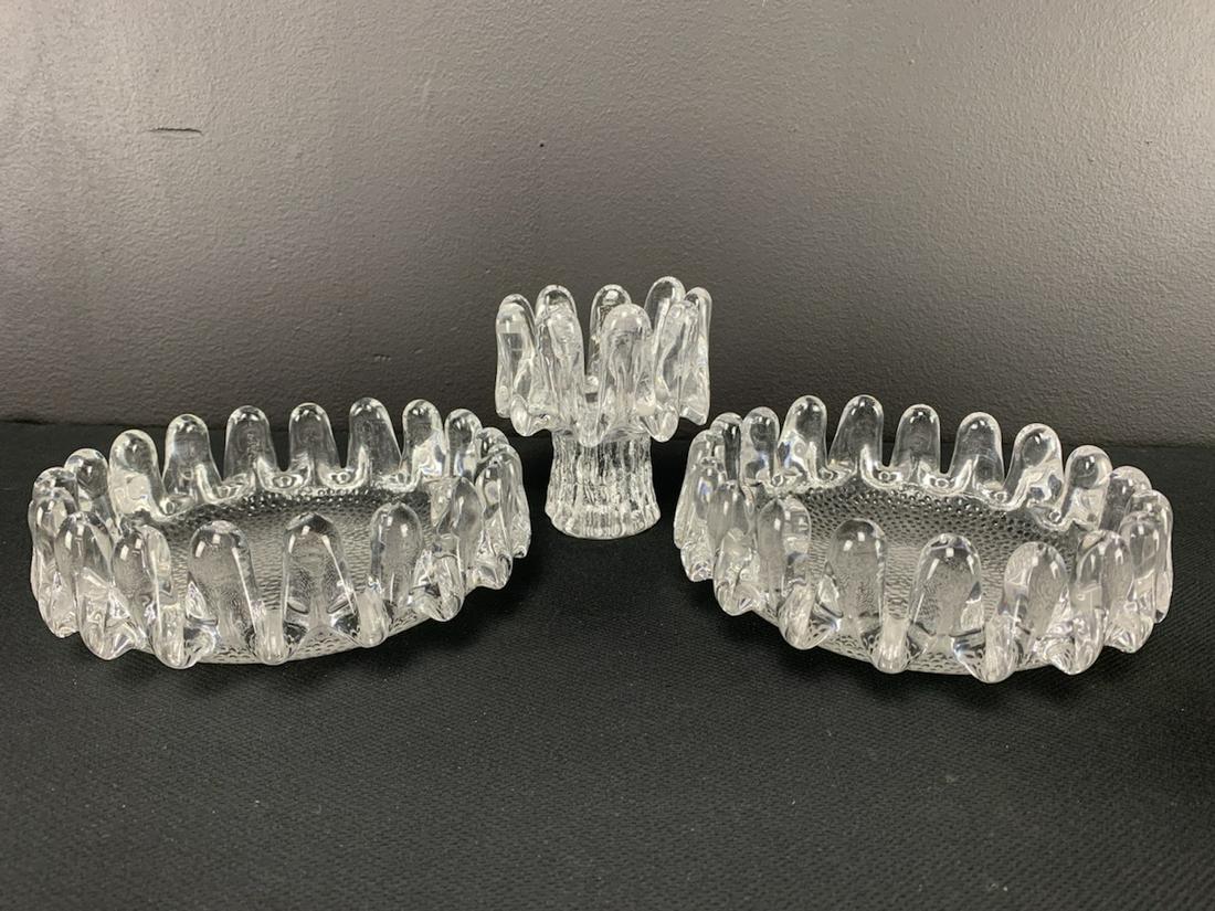 Mid Century Art Glass Lot, Goran Warff, Kosta Boda: Mid-century Modern Set Sunflower Candleholder, 2 Bowls, Goran Warff, Kosta Boda, Sweden. Bowls Measure 7" Diam X 2" H, Candleholder Measures 4" D X 5" H.