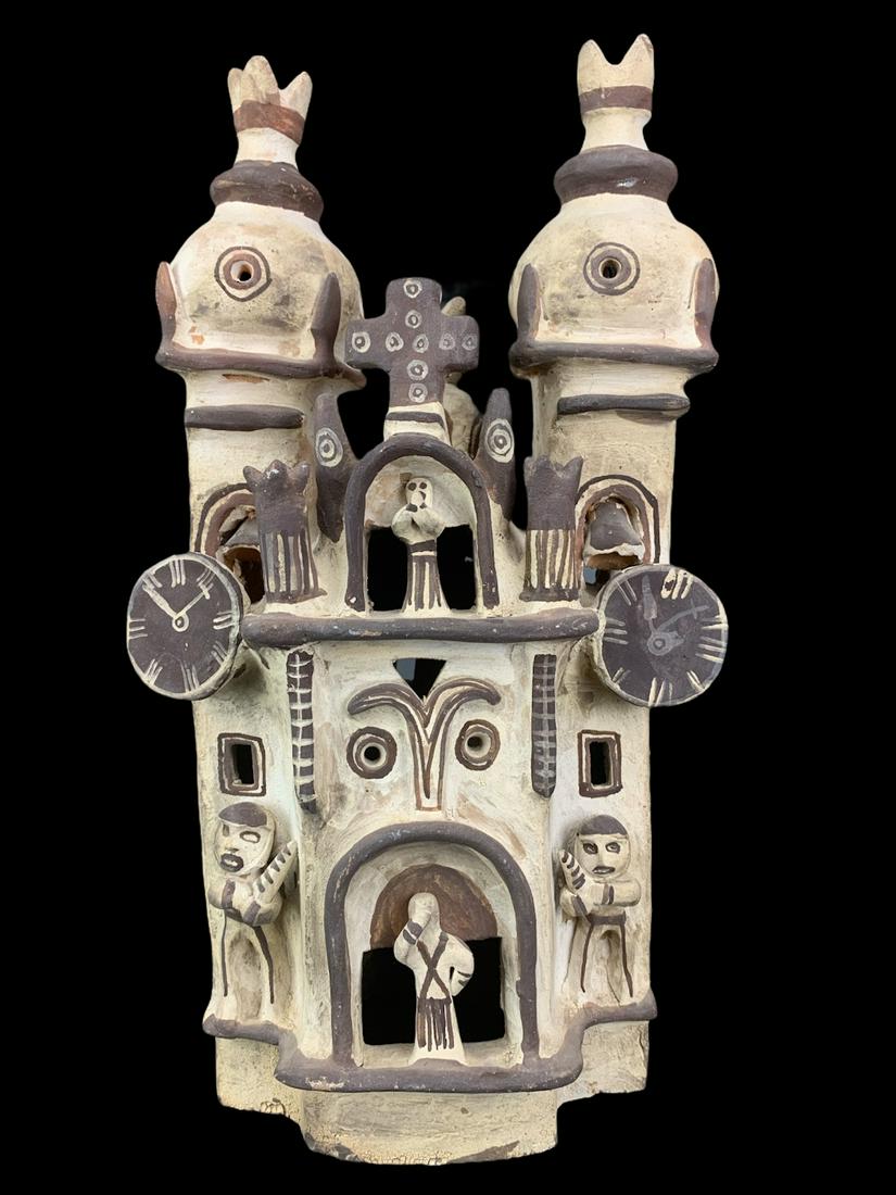 Latin American Pottery Painted Folk Art Church: Latin American Terracotta Painted Folk Art Pottery Church. 16.5 H X 7 X 7 Inches.