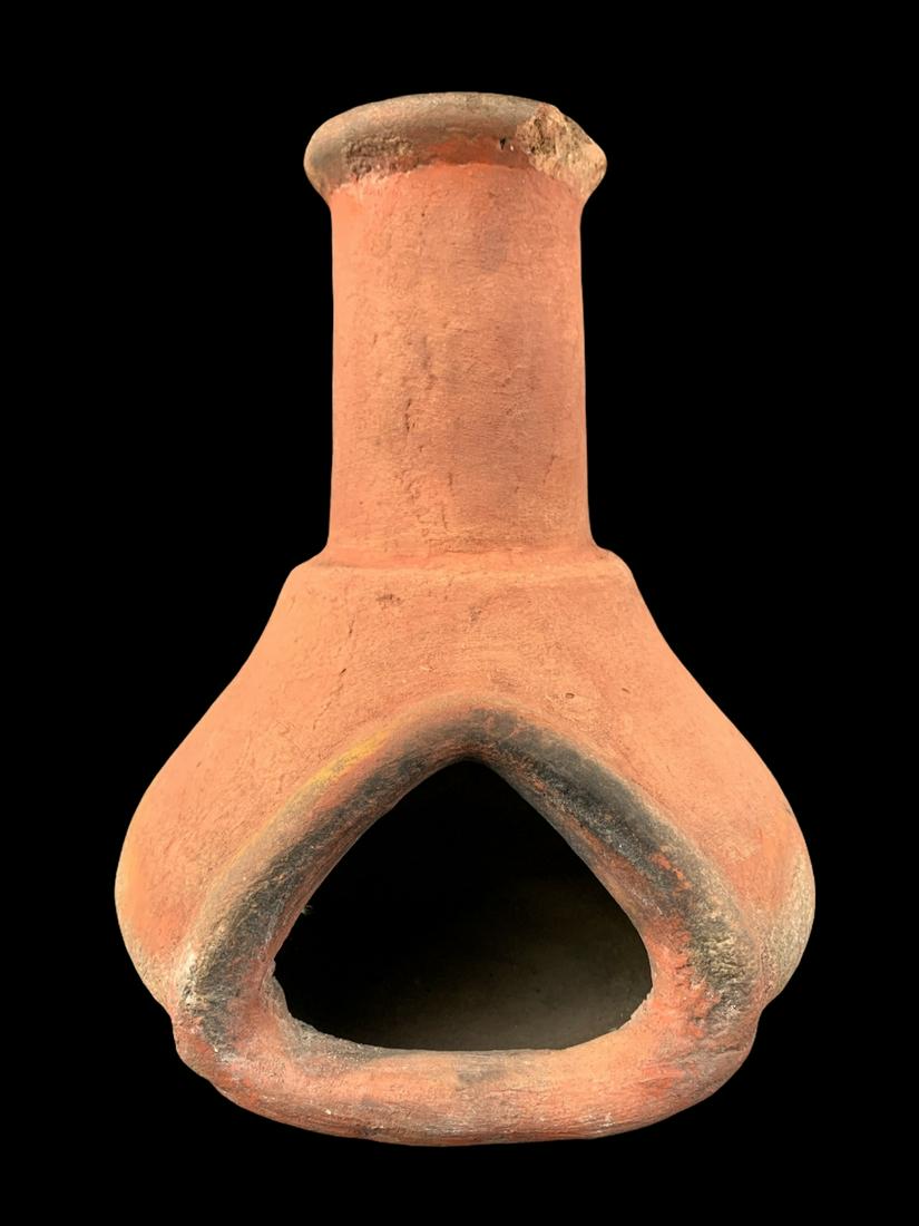 Latin American Terracotta Clay Stove Chimenea: Latin American Terracotta Clay Stove Chimenea. Chip To Rim, 11 Inches High.