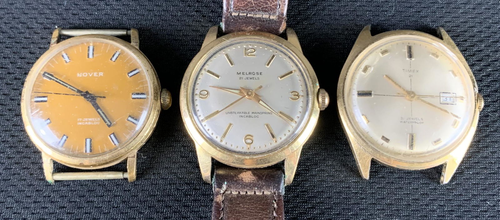 3 Vintage Jewelled Men's Dress Wristwatches: 3 Vintage Jewelled Men's Dress Wristwatches Melrose Produced By Schwob Freres Swiss 21 Jewel Cabloc, 1960s Hover Produced By Hermann Hofer Grenchen Swiss 17 Jewel Incabloc, 1970s Timex 21 Jewels Usa