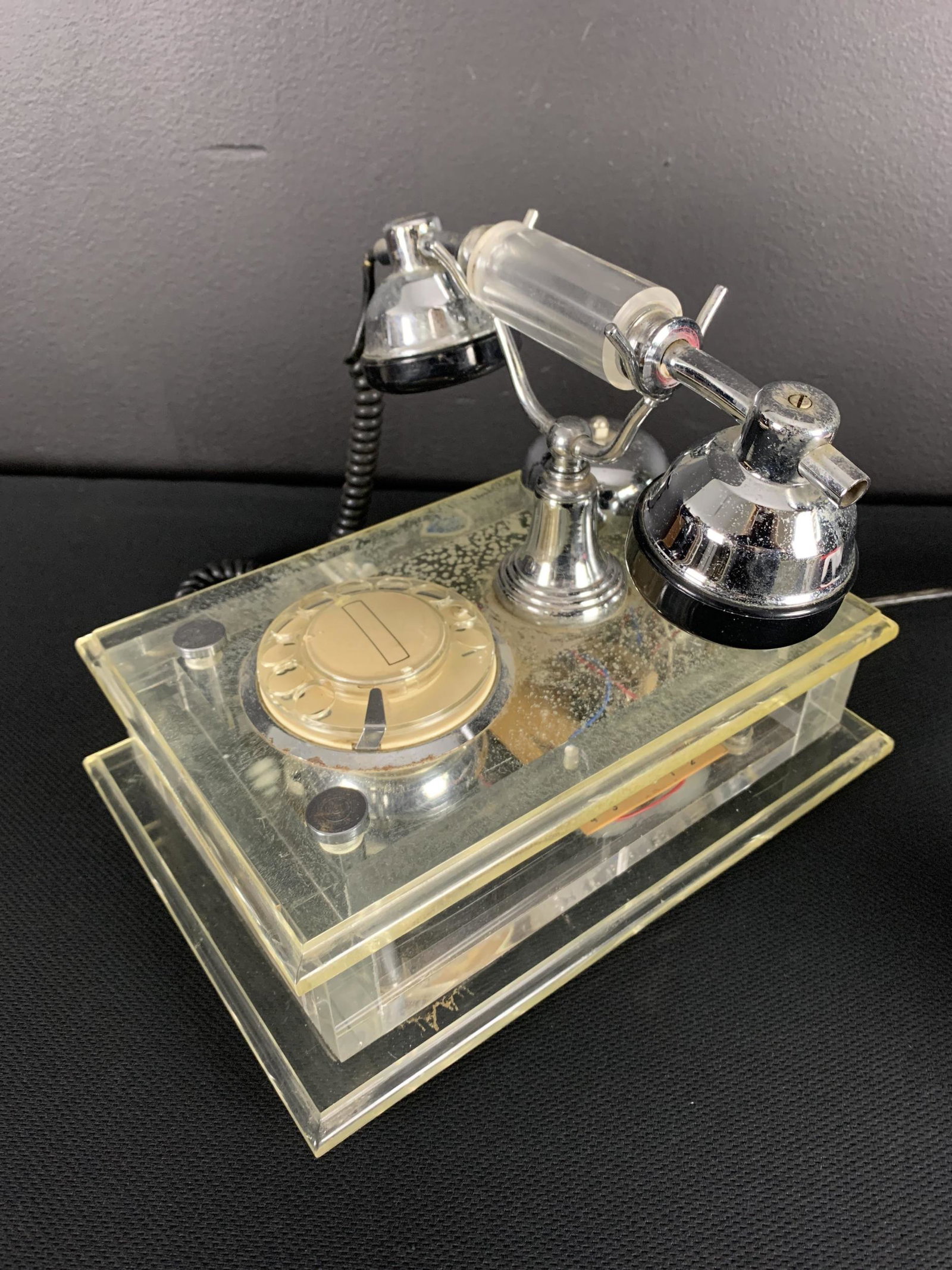 Mid Century Italian Lucite Rotary Telephone, Fatap: Mid Century Italian Lucite Rotary Desk Telephone, Fatap Italia. 7 x 10.75 x 9 inches high. Untested. Marked Fatap Italia on reverse.