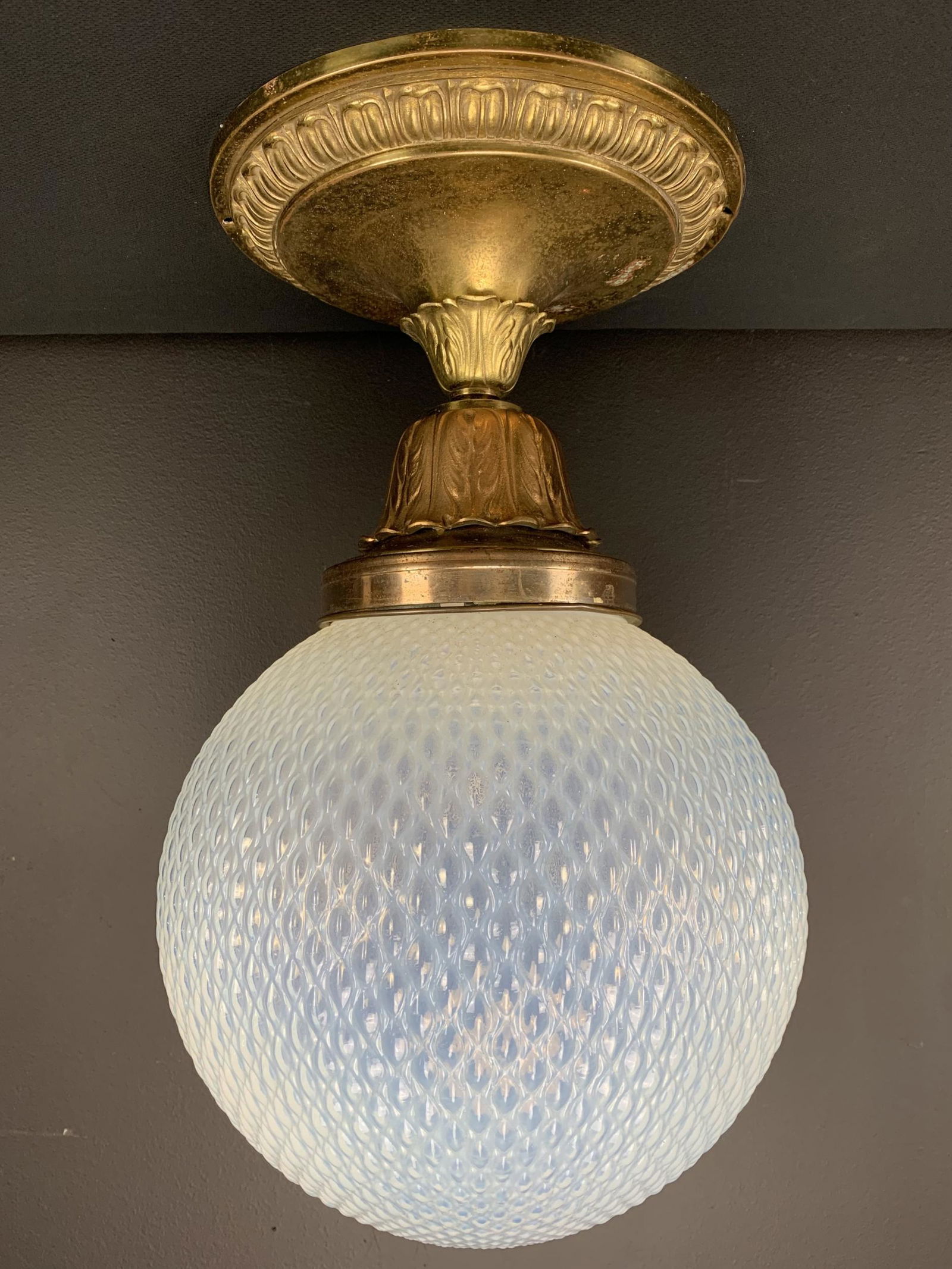 Art Deco Opalescent Globe Ceiling Light Fixture: Art Deco Opalescent Globe Gilt Bronze Ceiling Light Fixture Chandelier, 12" Diameter Globe, 20" Height, Including Fixture Cup.