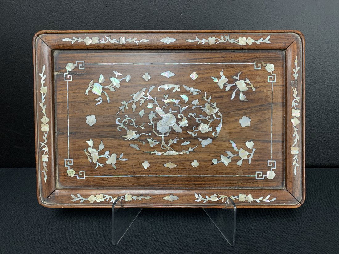 Chinese Rosewood Tray Mother Of Pearl Inlay (1 of 6)