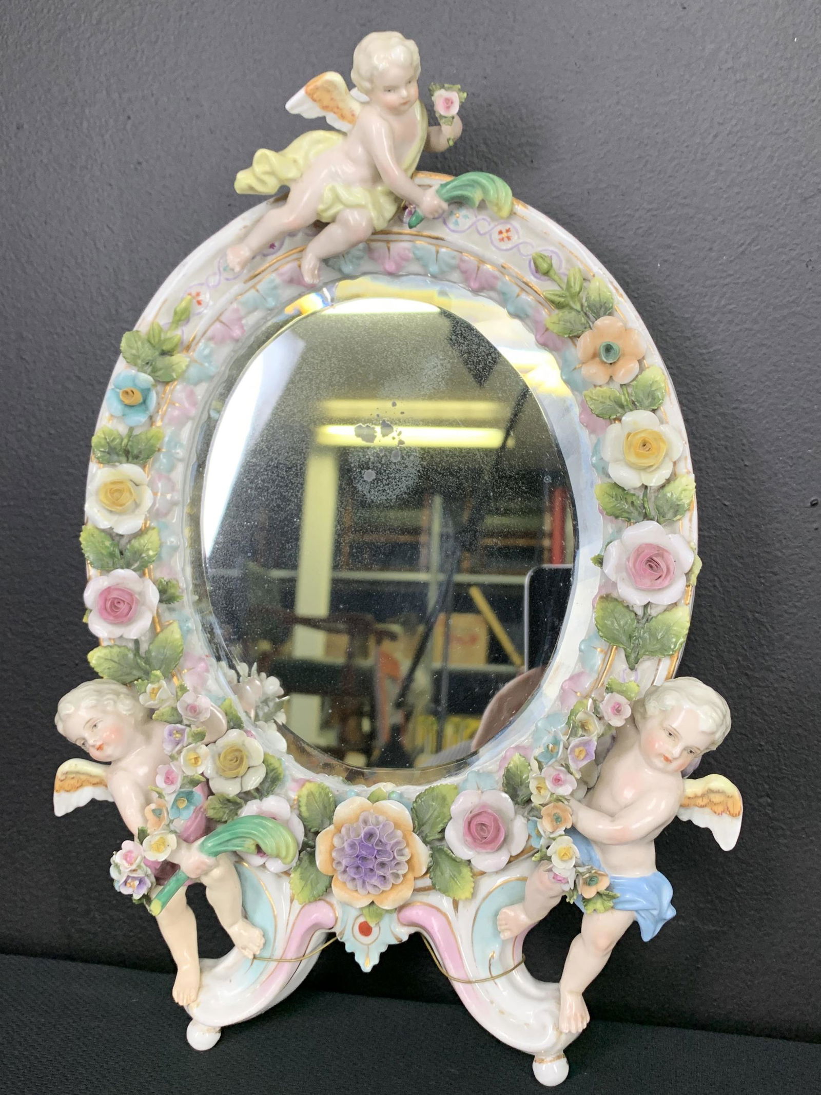 German Porcelain Cherub Floral Vanity Mirror (1 of 10)