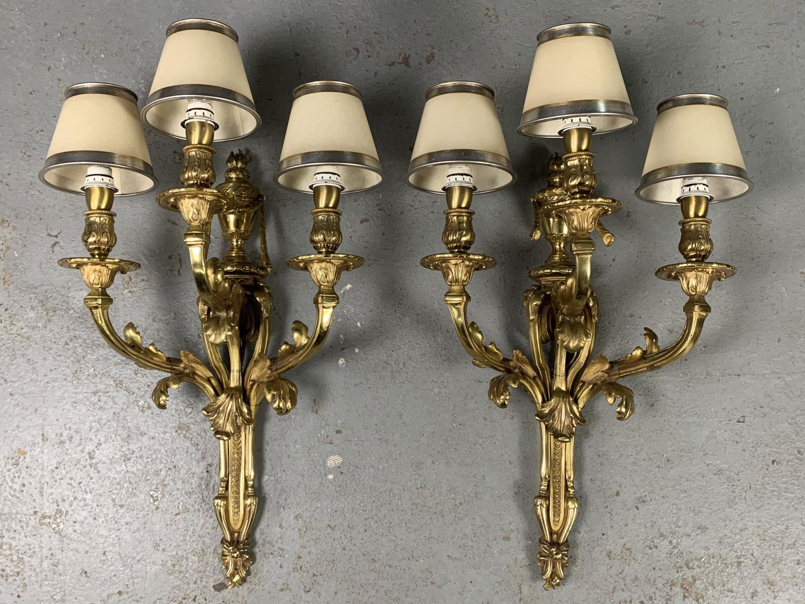 Pair Of French Gilt Bronze 3 Arm Wall Sconces (1 of 7)