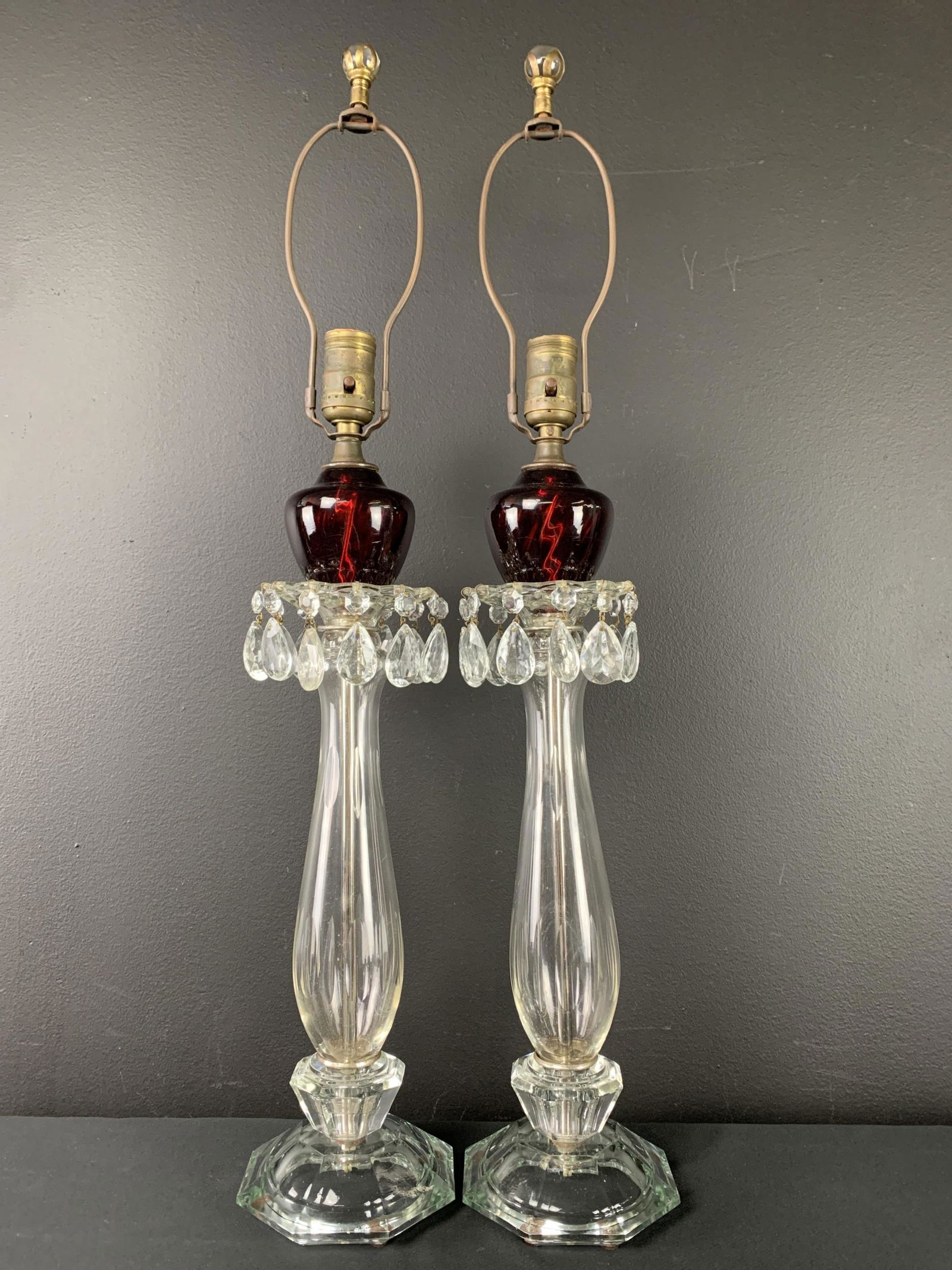 Pair Antique Clear And Ruby Glass Lamps (1 of 6)