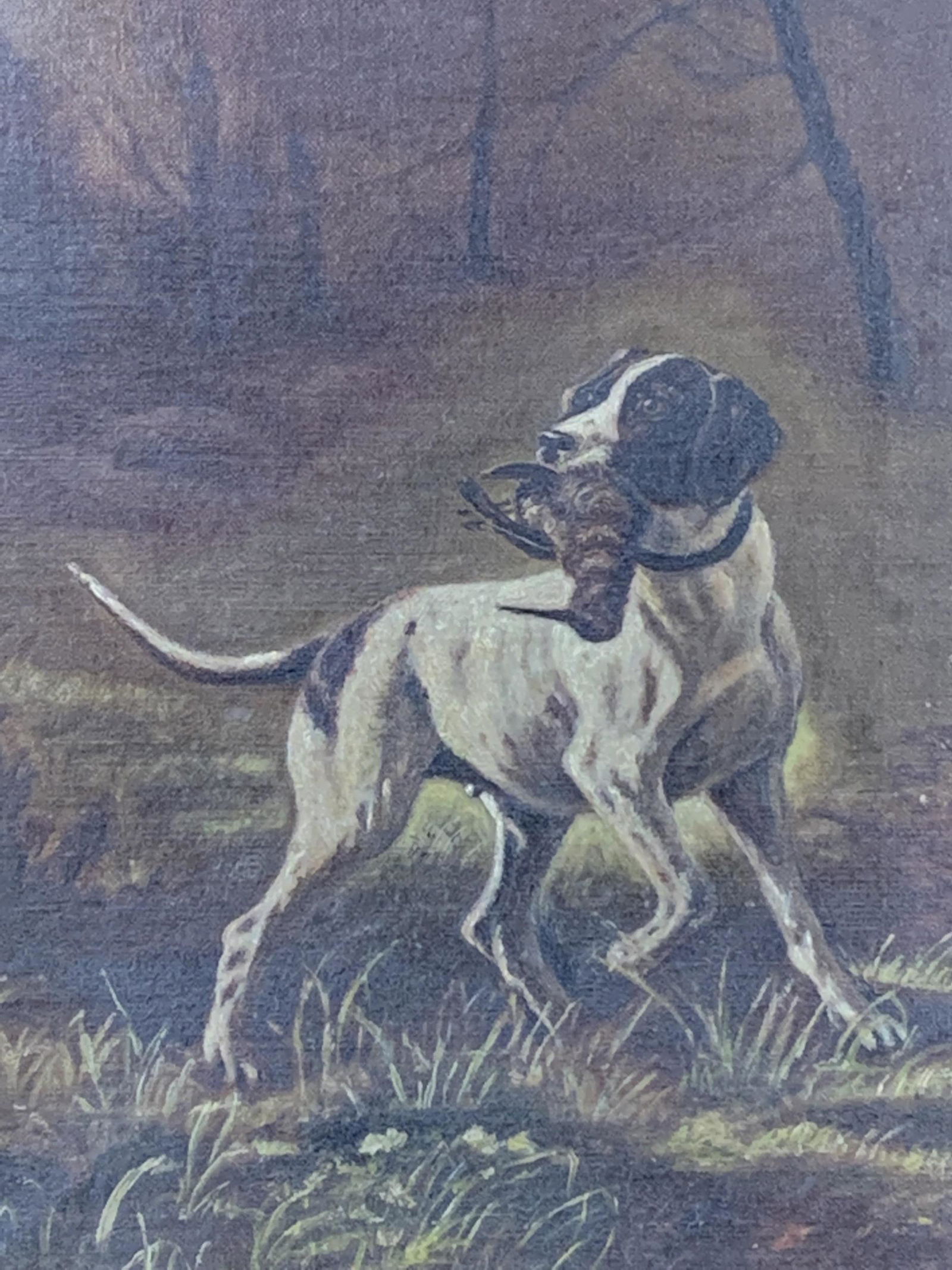 Unsigned Oil On Canvas, Hunting Dog With Bird (1 of 4)