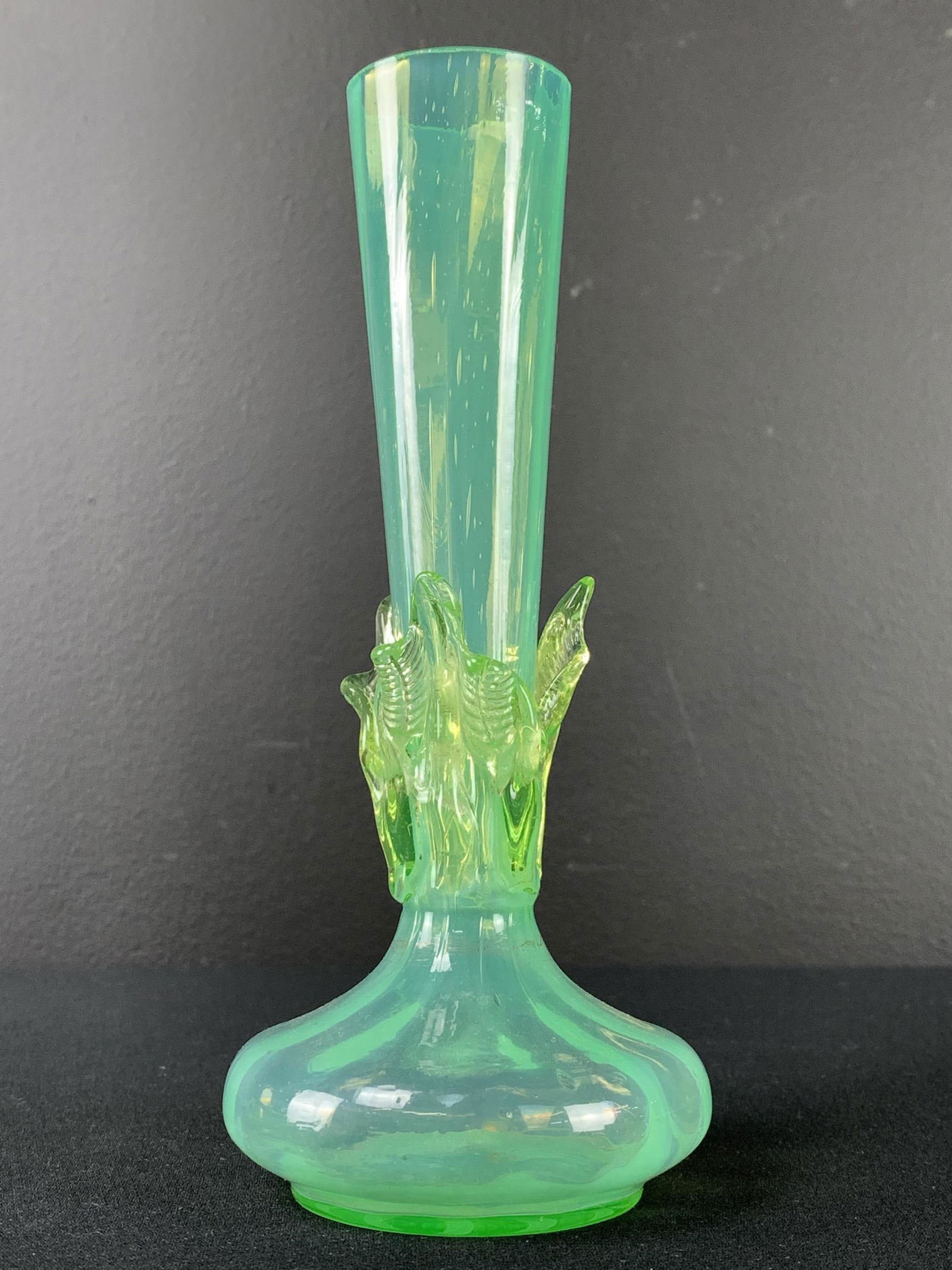 Victorian Green Uranium Glass Vase, Thomas Webb: Victorian Green Uranium Glass Vase, Possibly Thomas Webb, Stourbridge. Stylized Leaves, One Fleabite To Leaf, Fleabites To Inner Rim. 8" H.