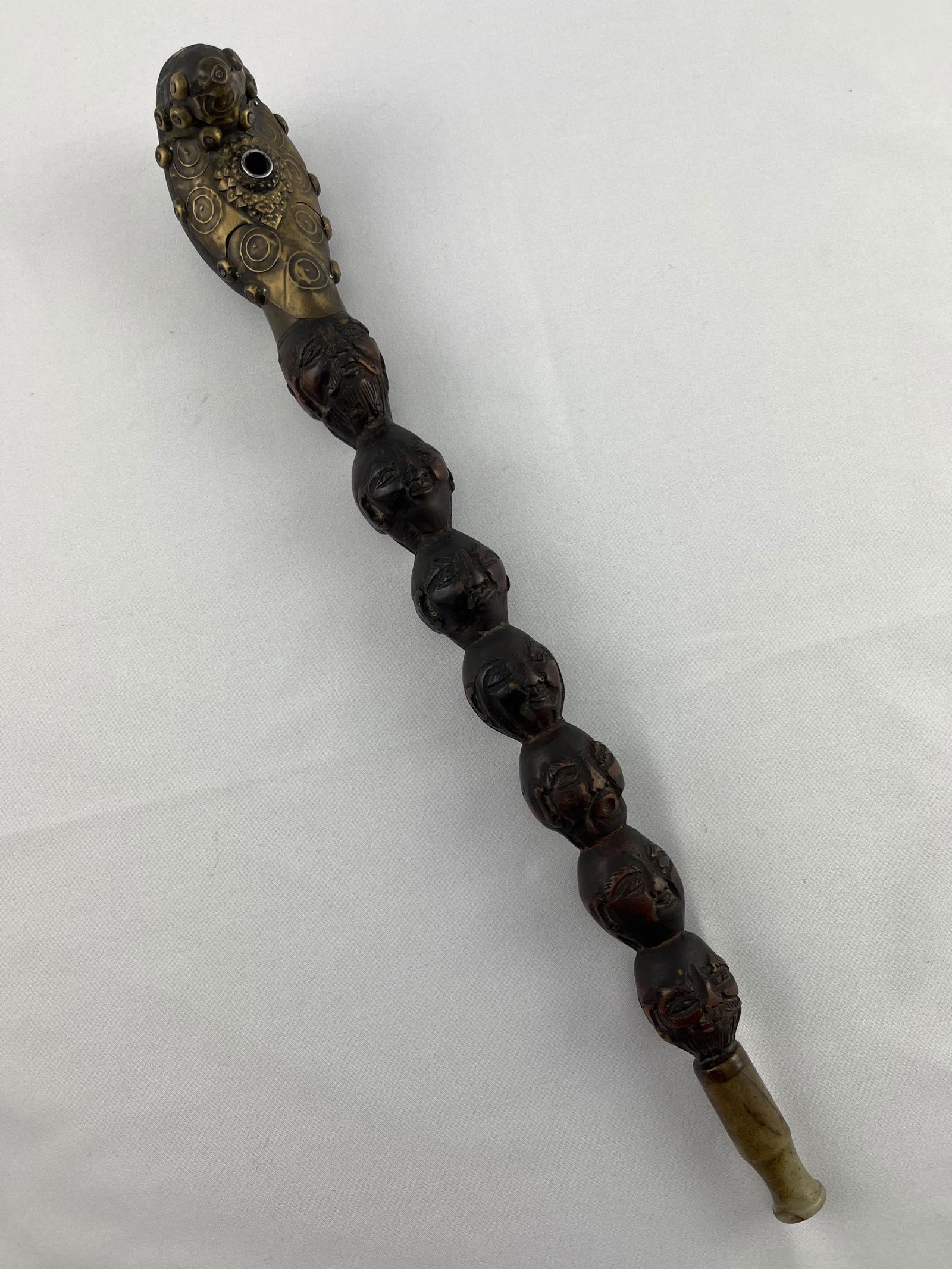 Chinese Carved Faces Opium Pipe With Jade Tip (1 of 10)