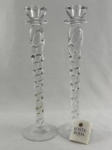 Pair Kosta Boda Cypress Candlesticks Ann Wahlstrom: Pair of Kosta Boda Cypress Art Glass Candlesticks, Designed by Ann Wahlstrom. 14.5 inches H.