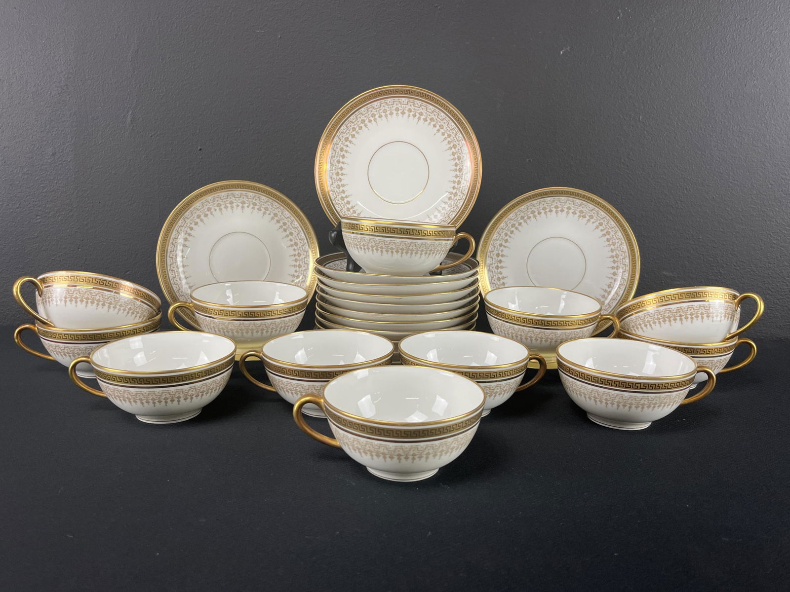 Set Limoges Elite Works Greek Key Teacups Saucers: Set of 12 Limoges Elite Works Double Fancy Gold Greek Key Tea Cups and Saucers. No chips, no loss.