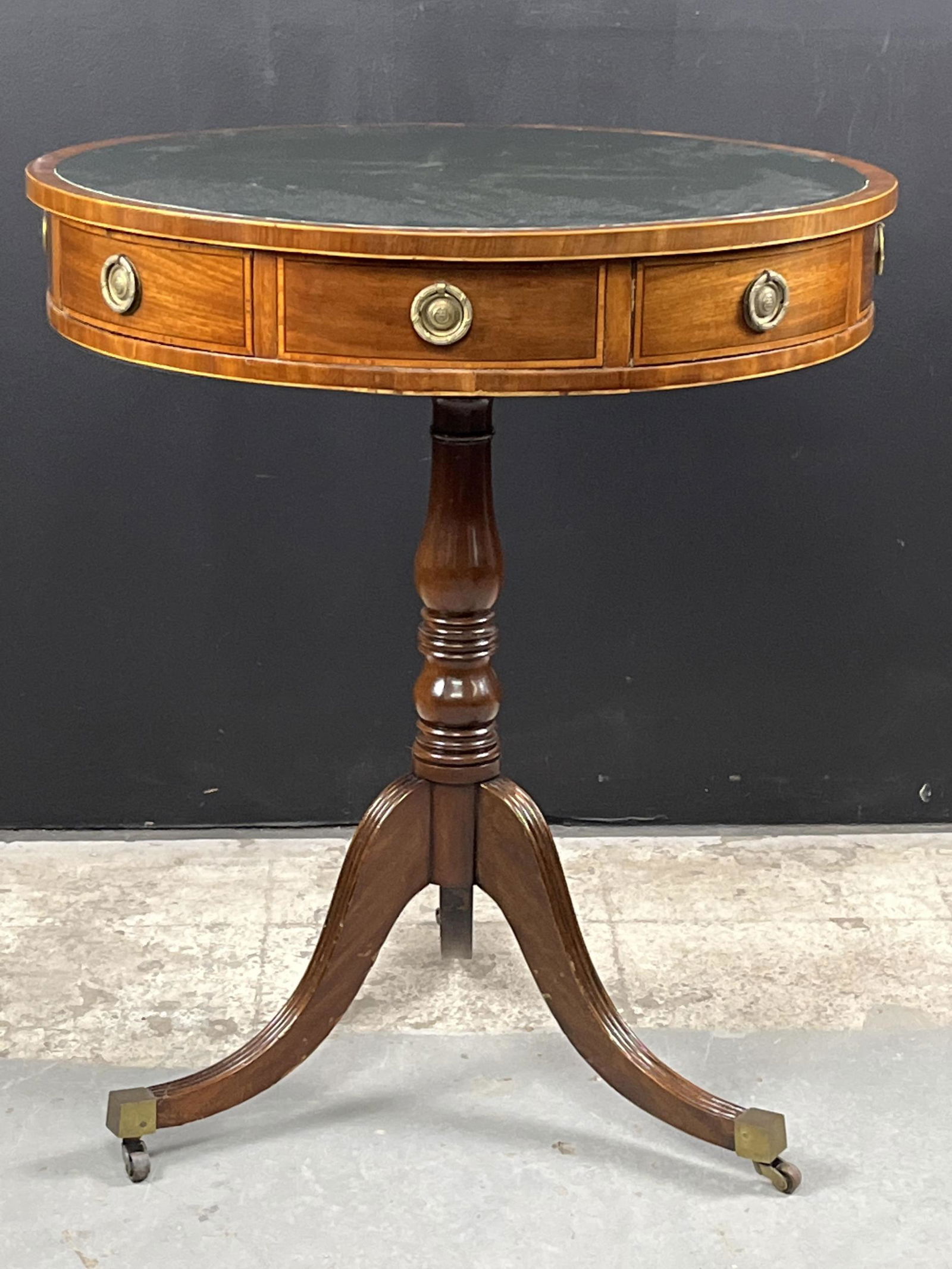 Antique English Leather Topped Drum Side Table (1 of 9)