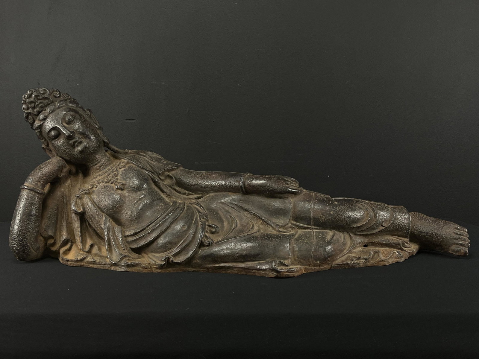 Antique Chinese Korean Cast Iron Reclining Guan Yin: Antique Cast Iron Reclining Guan Yin, possibly Chinese or Korean. 27 L x 7 x 10 inches H.