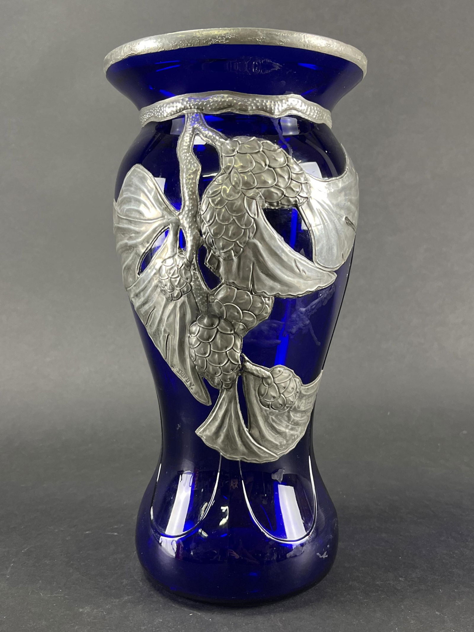 Art Deco Cobalt Glass Pewter Overlay Vase, Dupuy (1 of 6)