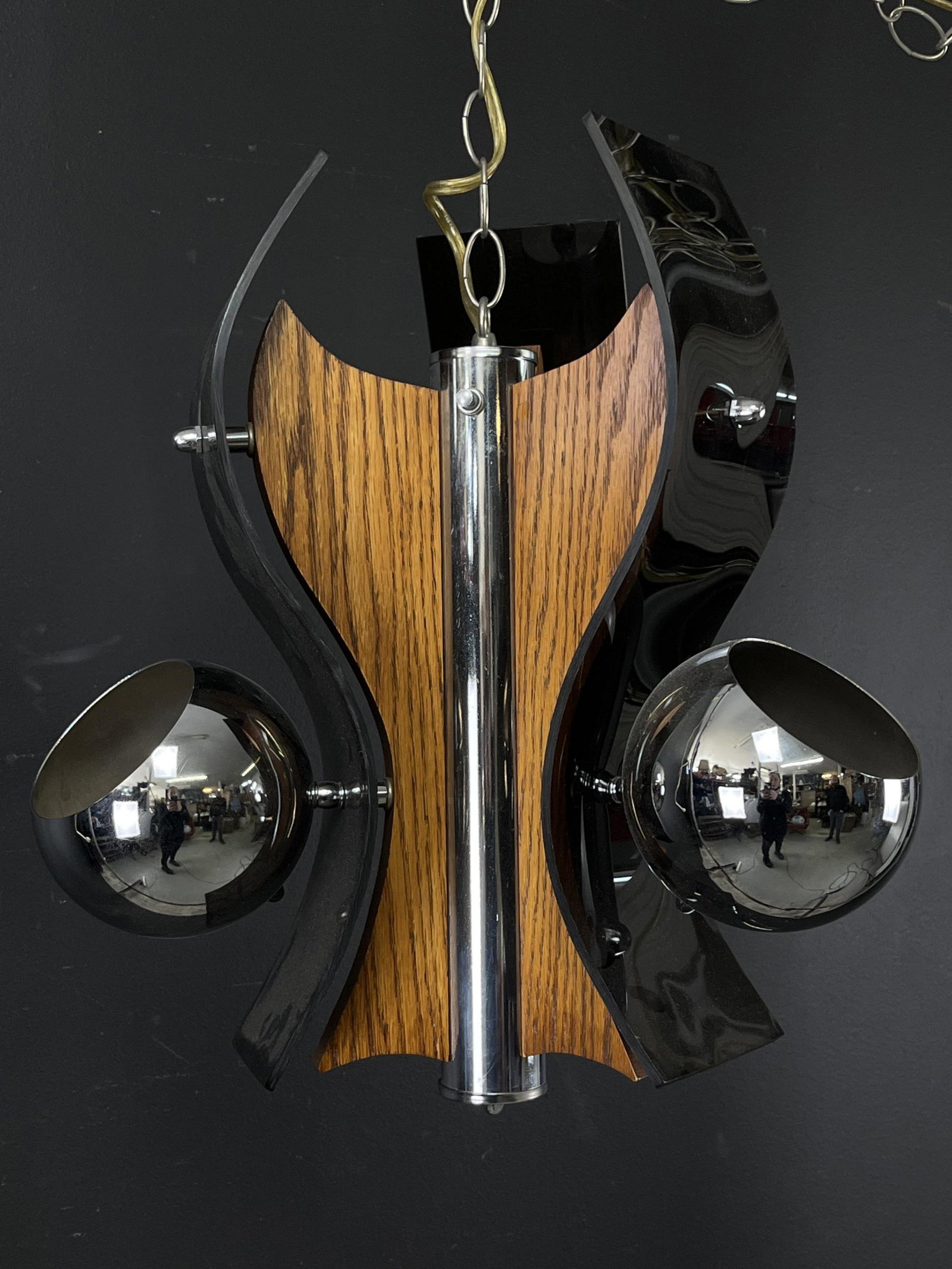Modernist 1970s Wood Acrylic Ceiling Fixture: Modernist 1970s Wood Acrylic Ceiling Fixture. Measuring 16 H x 15 W inches.