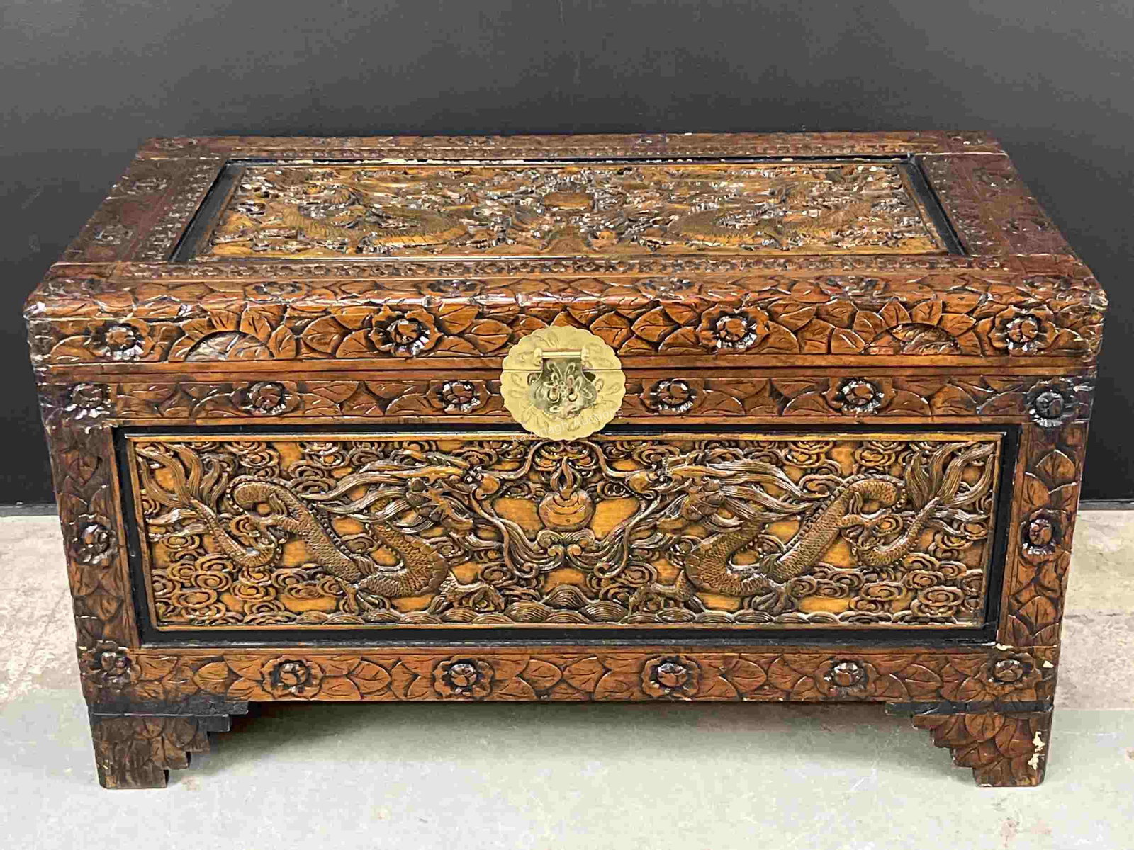 Large Vintage Chinese Camphor Wood Carved Trunk (1 of 11)
