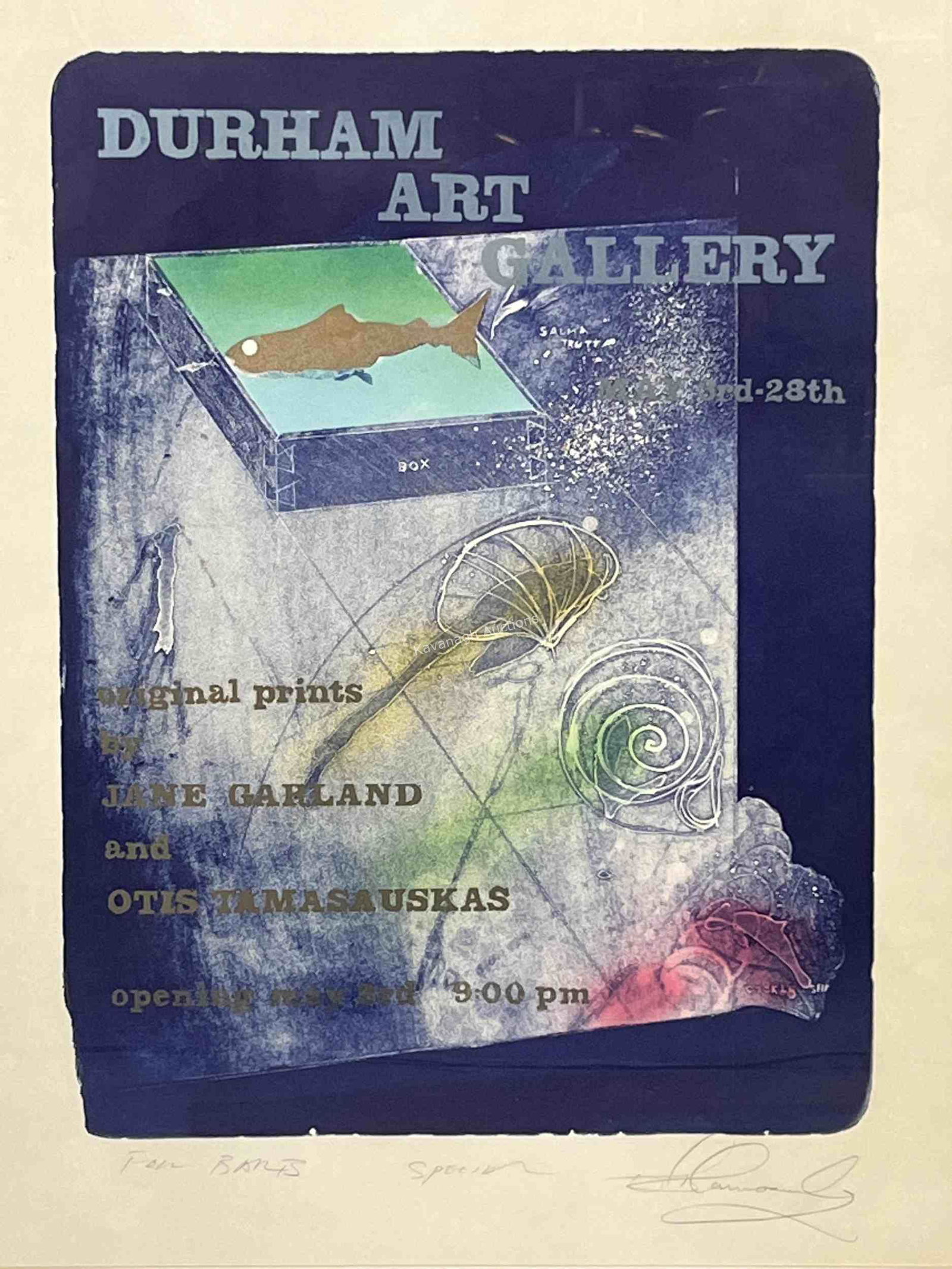 Durham Art Gallery Poster Garland, Tamasauskas: Durham Art Gallery Poster, Jane Garland And Otis Tamasauskas. Dedicated And Signed Across The Bottom By The Artist. 29 Inches H X 22 W Within Matting. Frame Measures 36 H X 28 W.