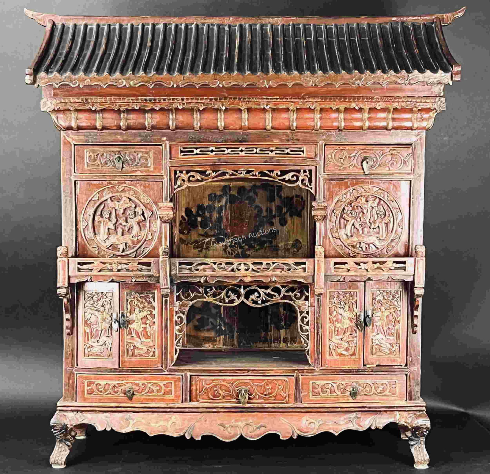 Chinese Antique Hand Carved Pagoda Altar House: Chinese Antique Hand Carved Pagoda Altar House. 34 W X 41 H X 18 Inches Deep. Some Minor Loss, Restoration. Please See Photos.