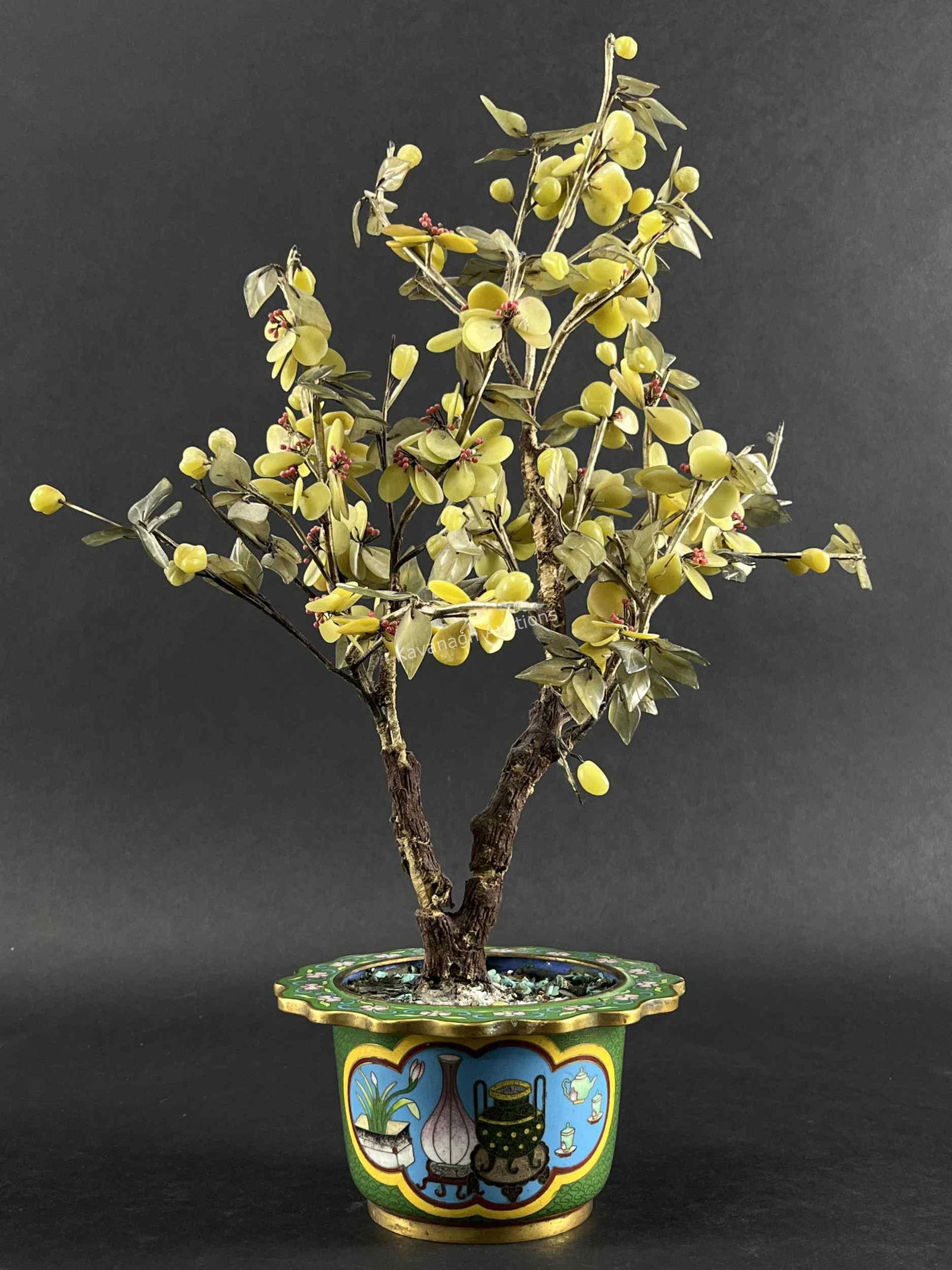 Chinese Jade Stone Flower Tree Cloisonne Pot (1 of 7)