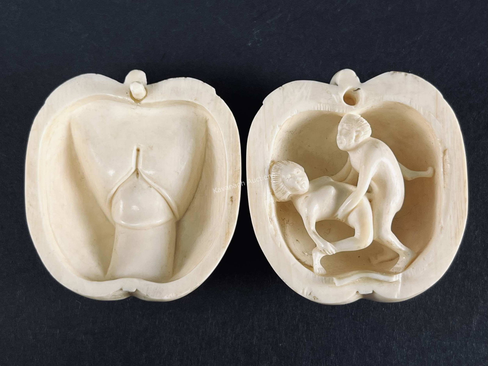 Japanese Secret Erotic Apple Form Carving: Japanese Secret Hidden Erotic Apple Form Carving Netsuke. Signed And Inscribed. 2 Inches X 2. We Will Not Ship This Item Out Of The Country.