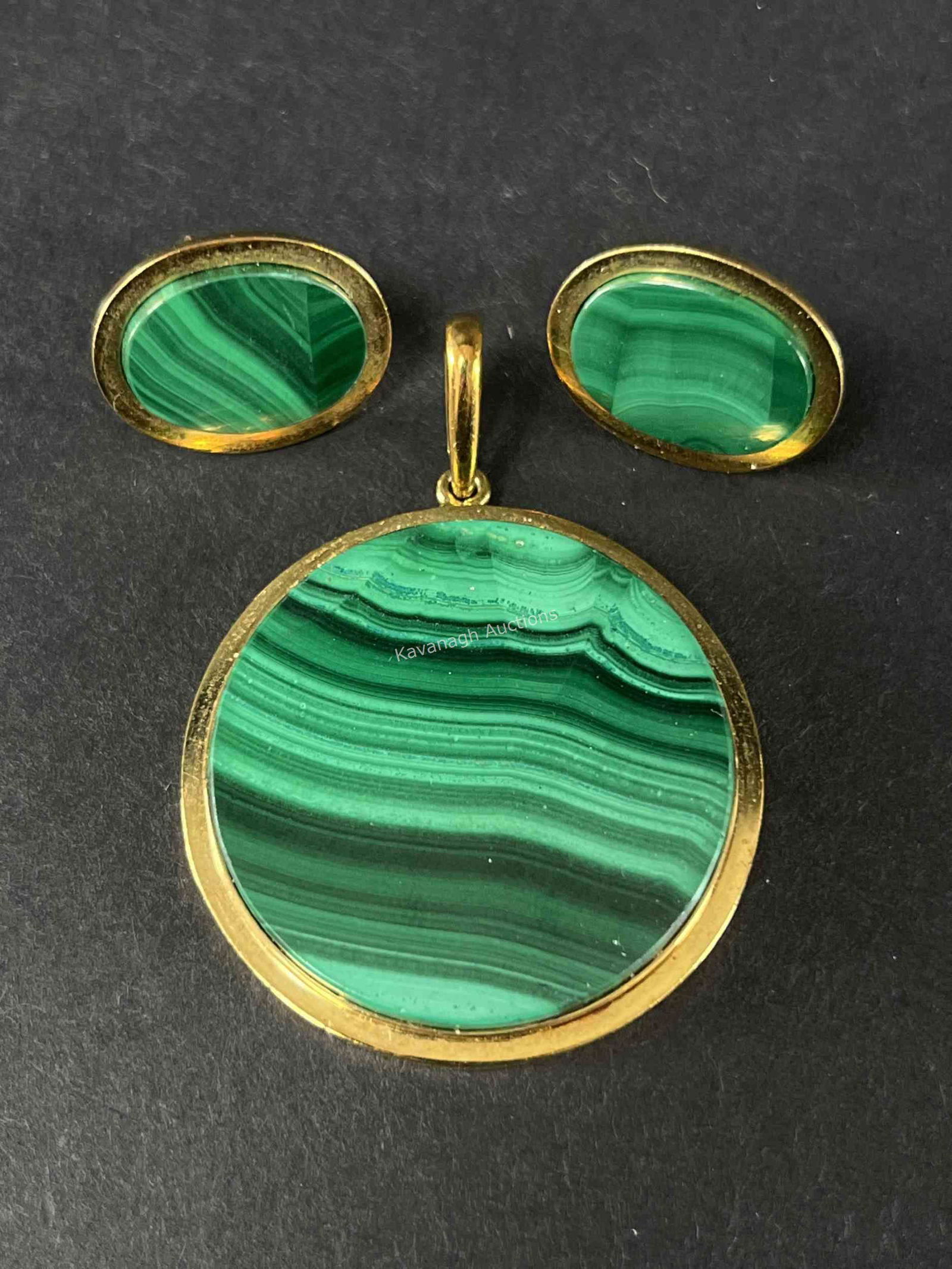 18K Gold and Malachite Modernist Earrings, Pendant (1 of 9)