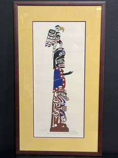 Tony Hunt Coloured Print, Friendship Pole: Chief Tony Hunt (American / Kwakiut, 1942-2017) Friendship Pole Coloured Print. Signed and Titled in pencil, Eagle, Chief, Bear and Salmon Friendship Pole. Frame measures 29.5 inches H x 17 W. Print m