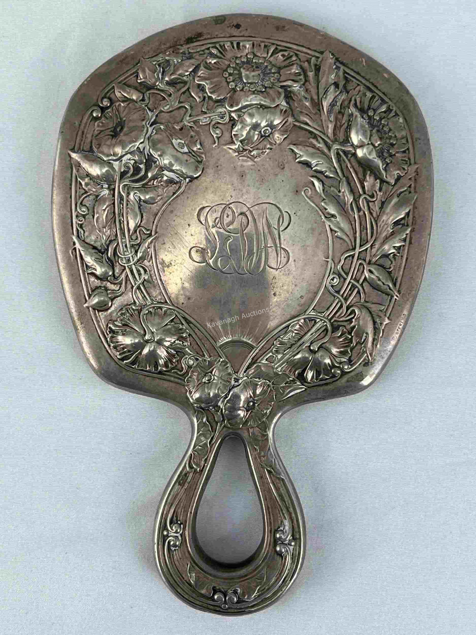 Art Nouveau Silver Vanity Hand Mirror, Poppies (1 of 8)