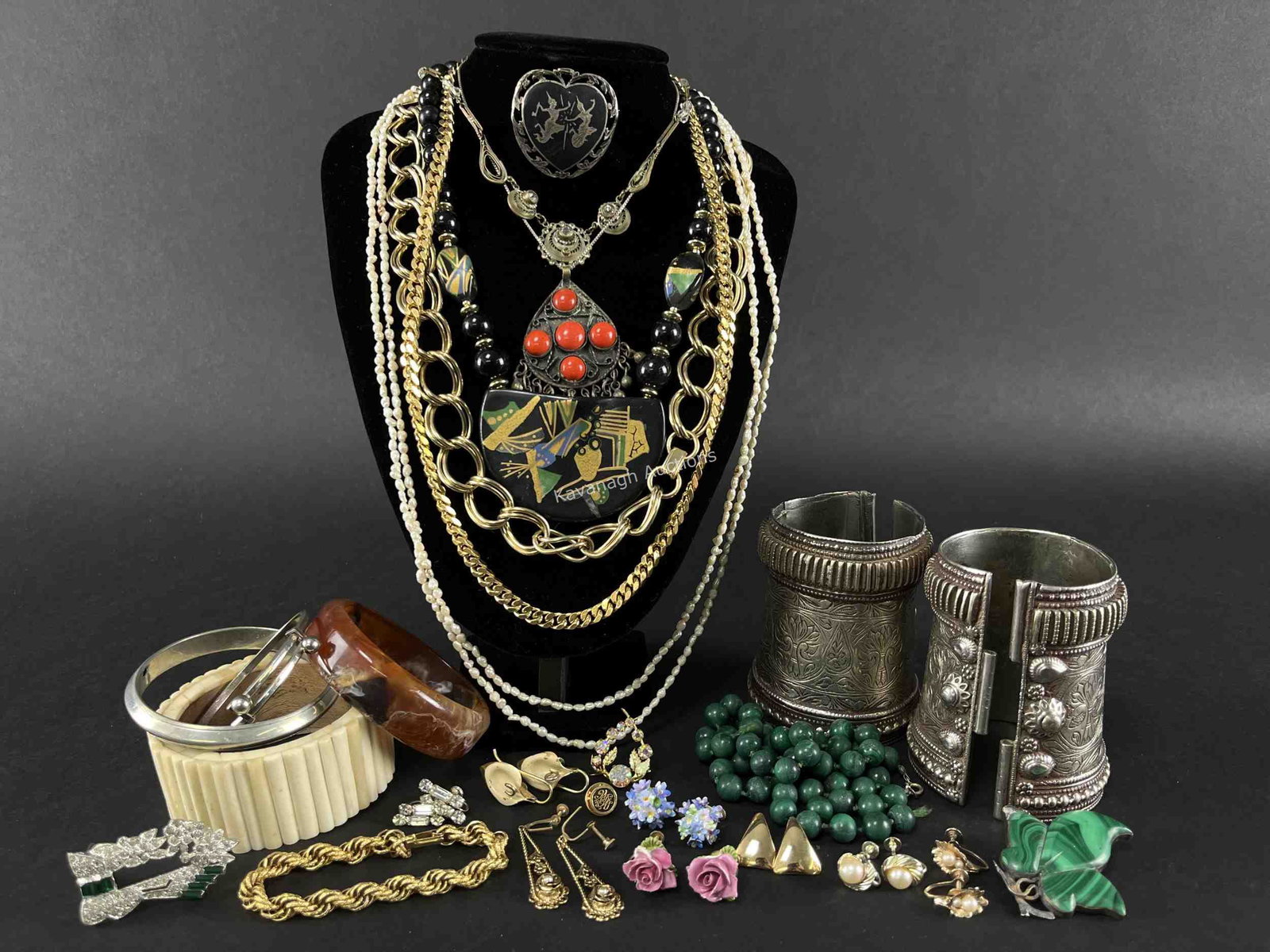 Large Lot of Vintage Costume Jewelry: Large Lot Vintage Costume Jewelry. Bone, Silver, Malachite, fresh water pearls, Paste, Necklaces, earrings, bracelets.