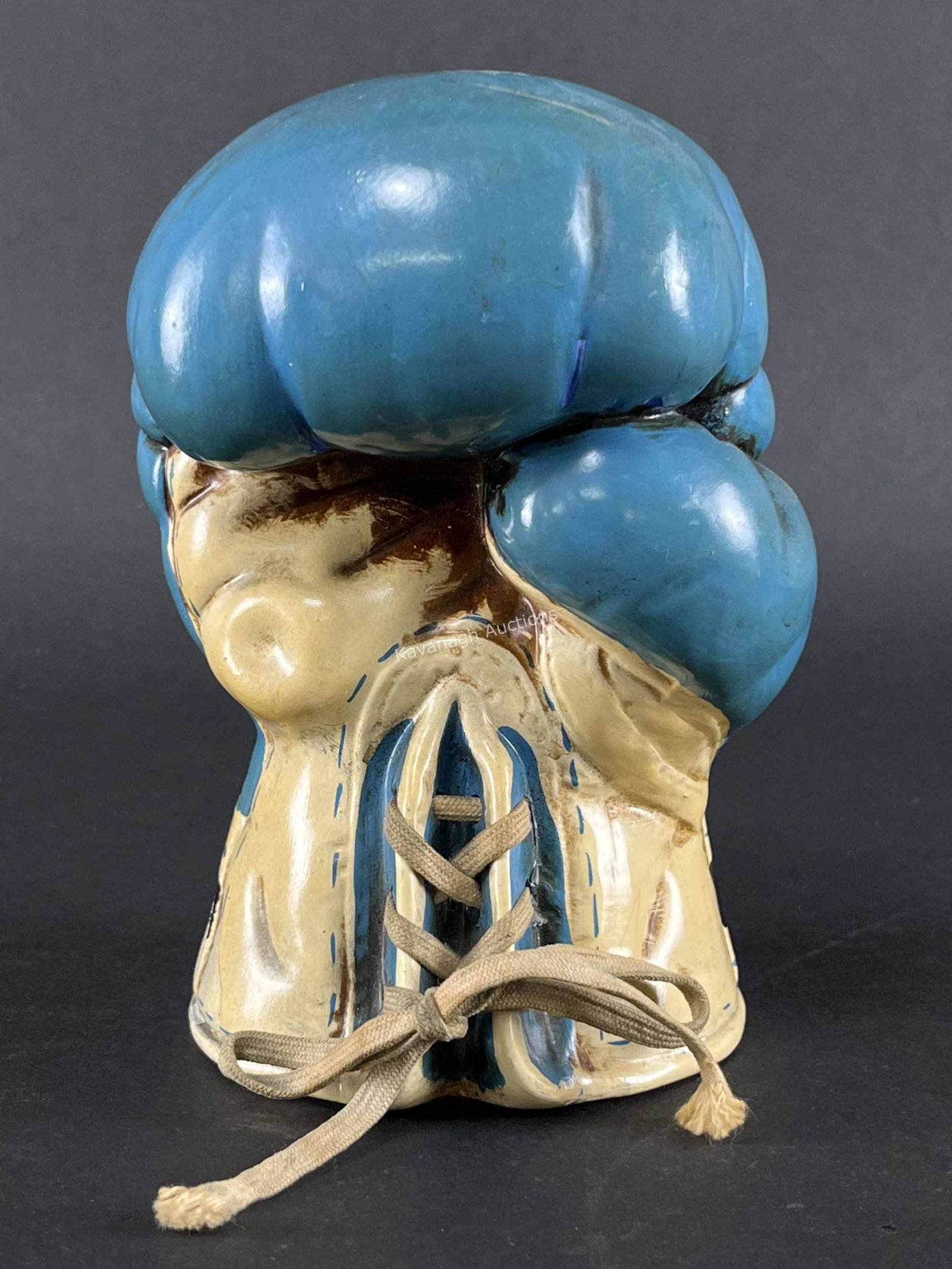 Vintage Japan Blue Boxing Glove Ceramic Piggy Bank: KK Kato Kogei Vintage Japan Blue Boxing Glove Ceramic Piggy Bank. 6.25 inches H x 4 W. Signed by maker on base.
