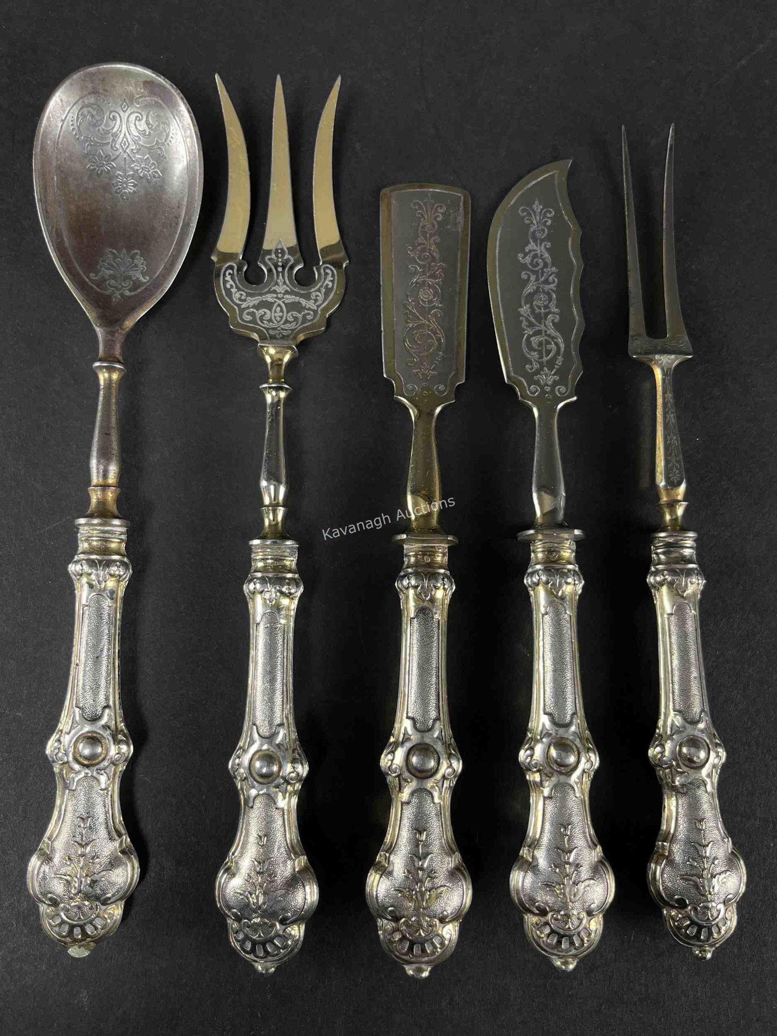 1880 Aesthetic Silver Vermeil Dessert Serving Set: C. 1880 Aesthetic Silver and Vermeil 5 Piece Dessert Serving Set. Fork measures 8.25 inches L. Total weight 206 grams. Hallmarked.