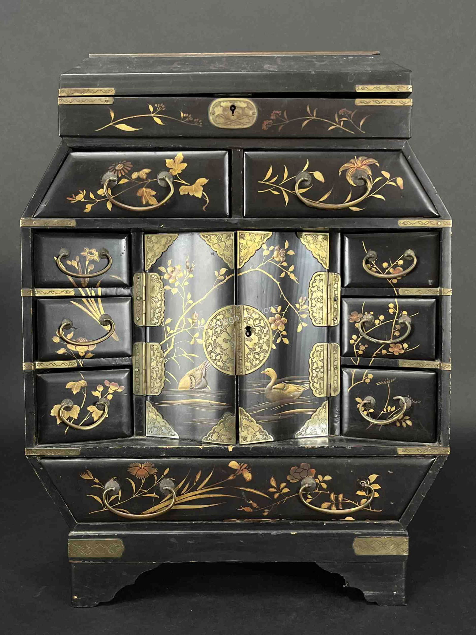 19th C Japanese Black Lacquer Jewelry Cabinet Box (1 of 11)