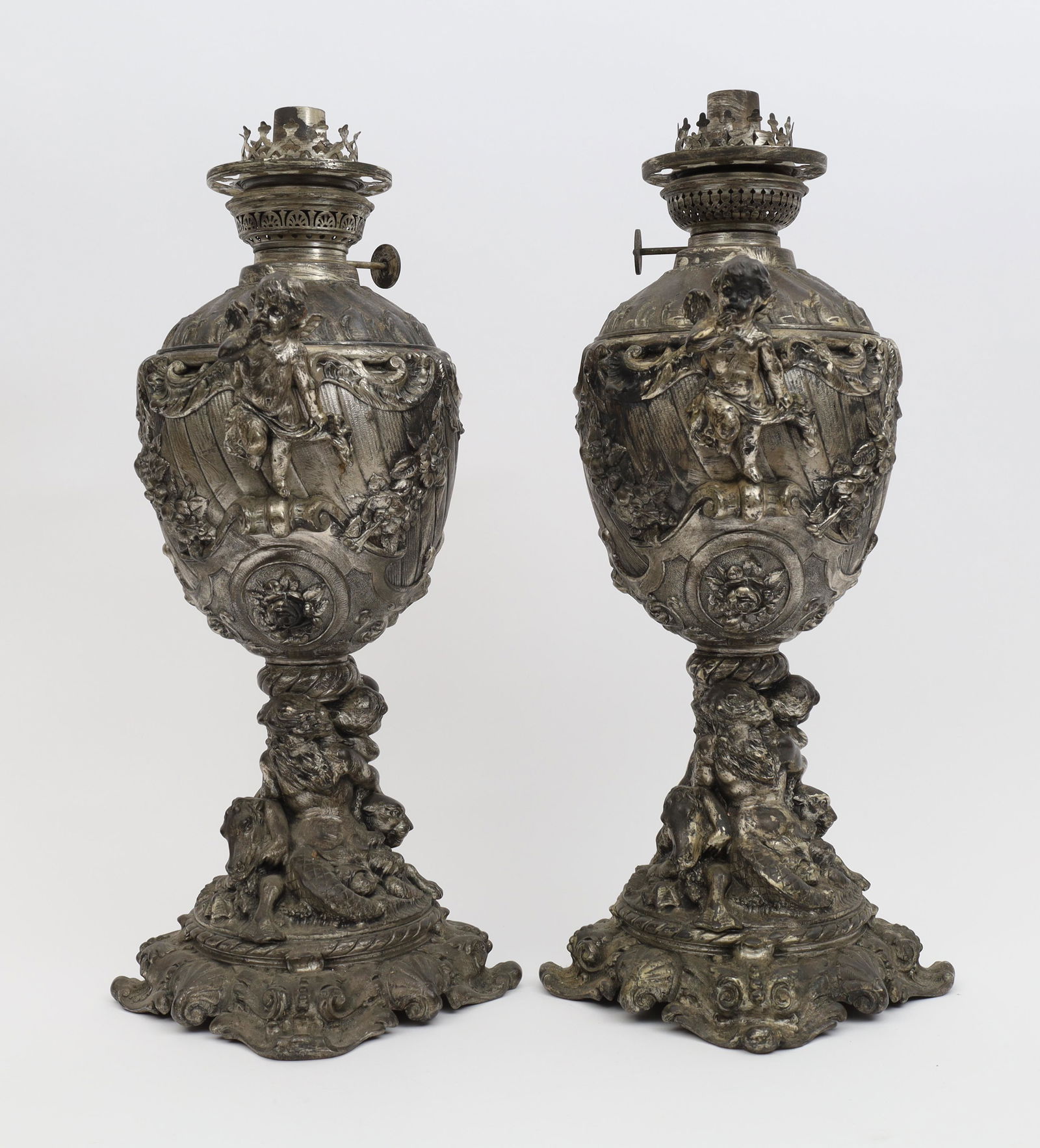 Pair Neoclassical Spelter Kosmos Brenner Oil Lamps (1 of 17)